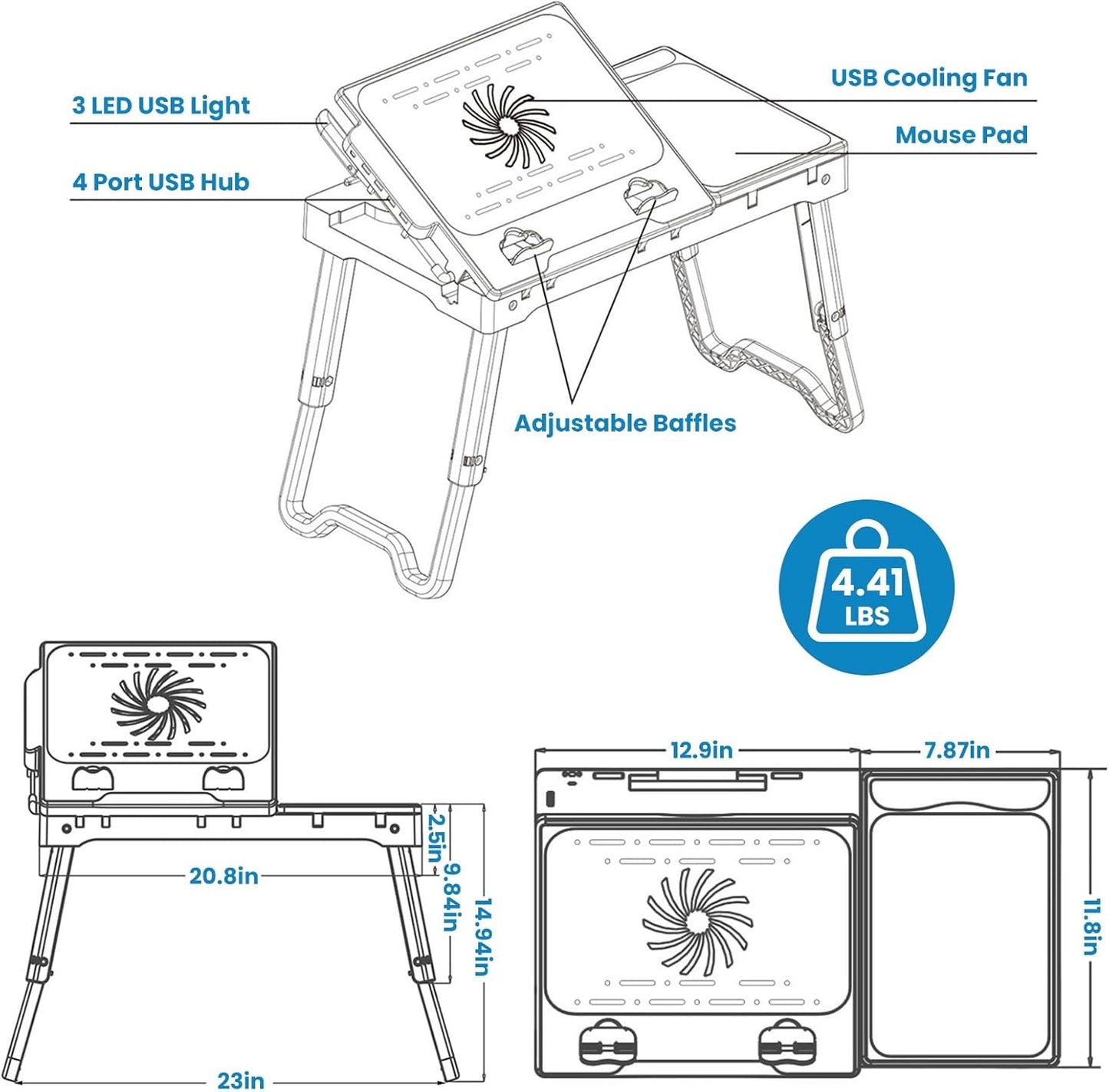Foldable Laptop Table, Portable Bed Notebook Desk, Height Adjustable Laptop Stand with Cooling Fan LED Light 4 x USB Ports Breakfast Tray Storage Groove for Home Office Use (Black)