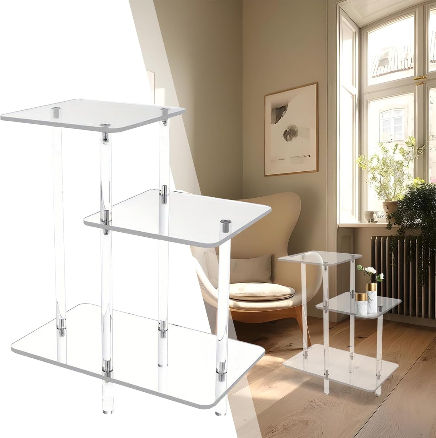 Acrylic Side Table - 3-Tier Small Square Desk, 1 Unit Clear Acrylic Side Table for Laptops, Transparent Tiered Rack with Polished Edge, Home Supply, Bedside Unit for Bedrooms and Living Rooms