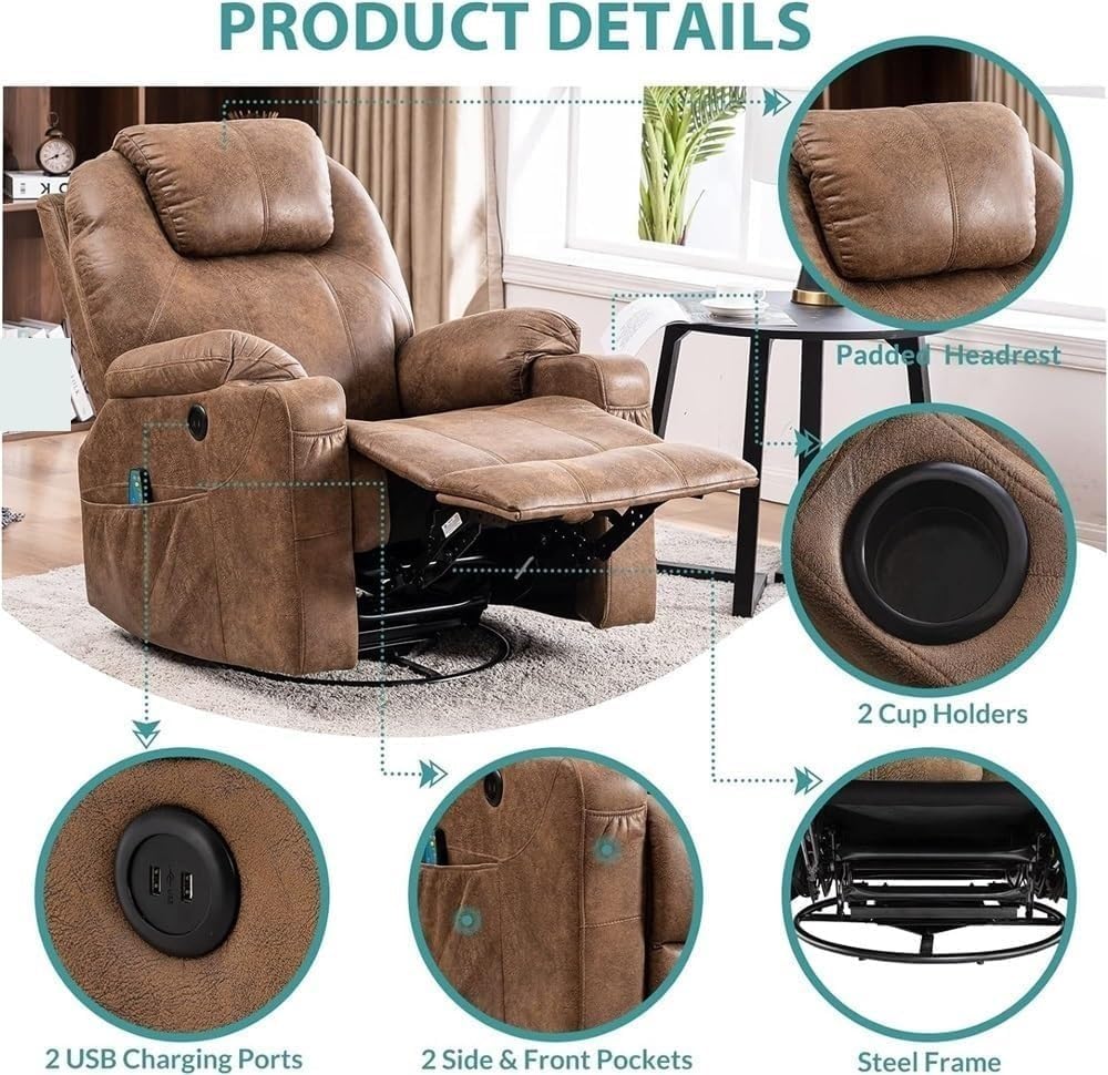 Ergonomic Electric Power Lift Recliner Chair for Adults & Seniors with Heated Massage, Swivel Reclining Lounge, USB Ports, Cup Holders, Remote Control, for Living Room