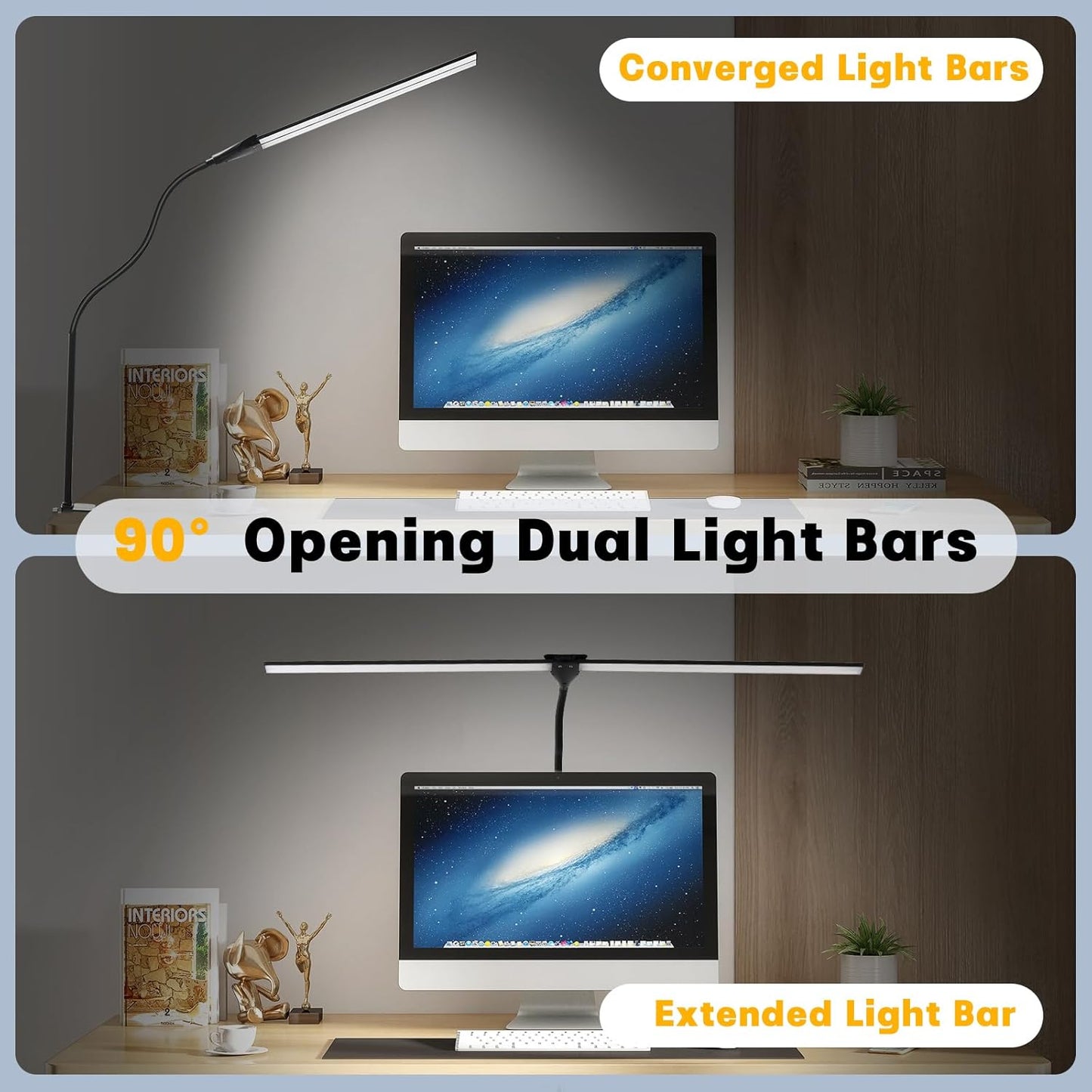 LED Desk Lamp for Home Office, 50 Brightness & Temperature Modes, Eye Protection, Dual Head Dimmable Table Light, 360° Adjustable Gooseneck with Clamp Remote Control, 90% Energy Saving (Black)