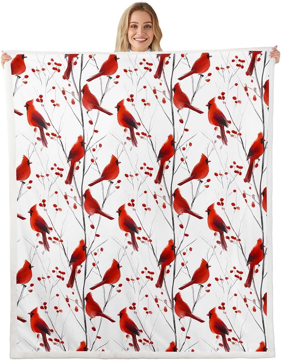 Feelyou Berries and Cardinals Pattern Printed Sherpa Throw Blanket for Couch Red Cardinal Super Soft Cozy Fleece Christmas Blanket for Winter,Plush Throw Bird Print Throw 50"x60" Animal All Season