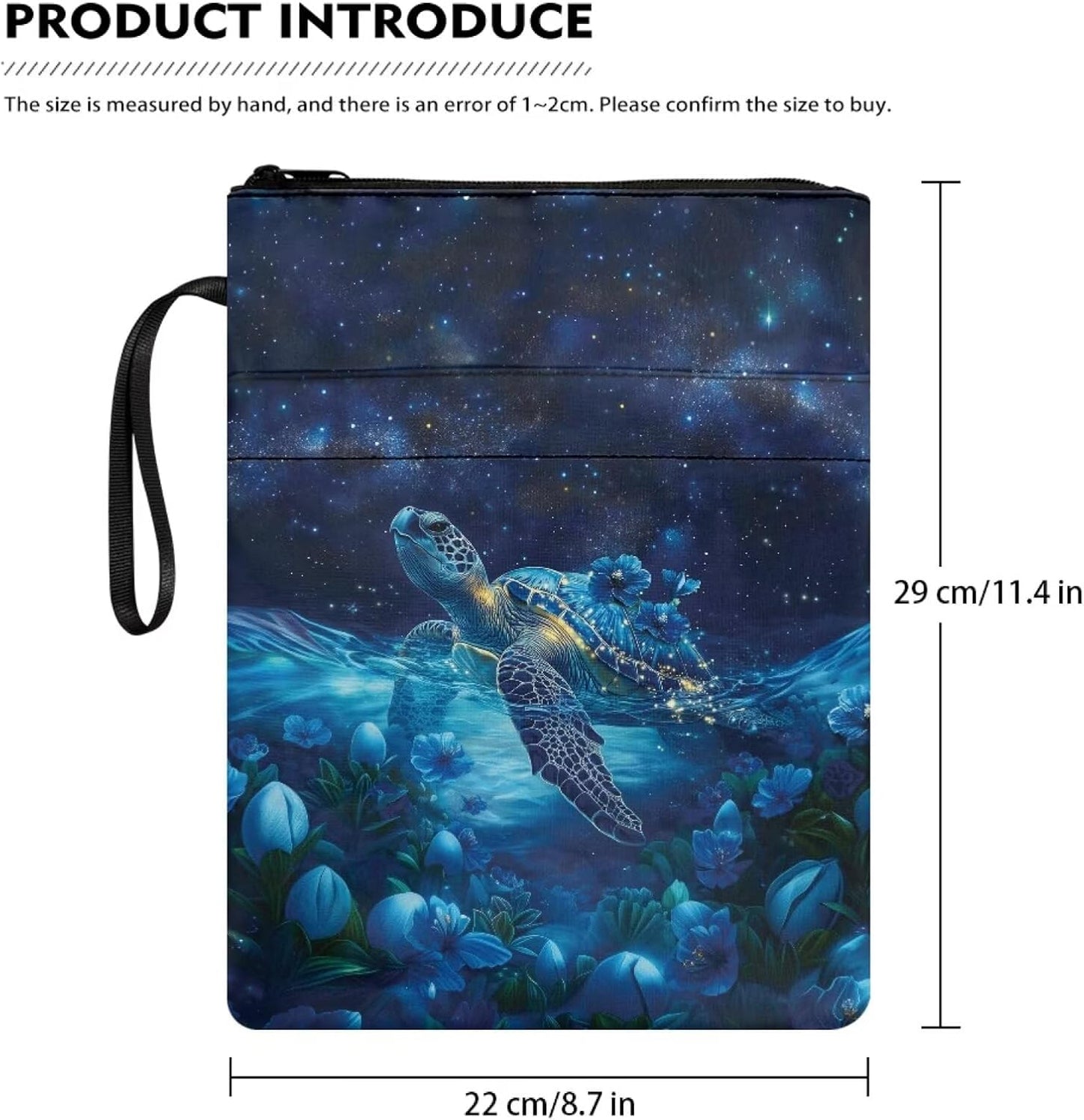 Book Sleeve for Hardcover Paperback Book Cover with Zipper and Rope Blue Floral Turtle Starry Print Bible Bag for Women Men Storage Pouch Puse for Outdoor Study