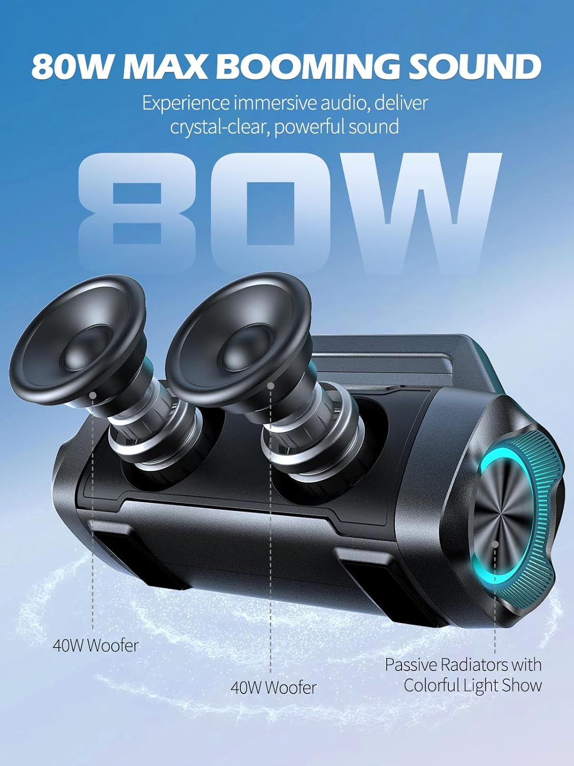 Speakers Bluetooth Wireless, 80W Peak Loud Outdoor Speaker with Bass, 20H Playtime, IPX6 Waterproof, TWS，BT5.3, Portable for Camping Hiking Boating Pool Beach(Black)
