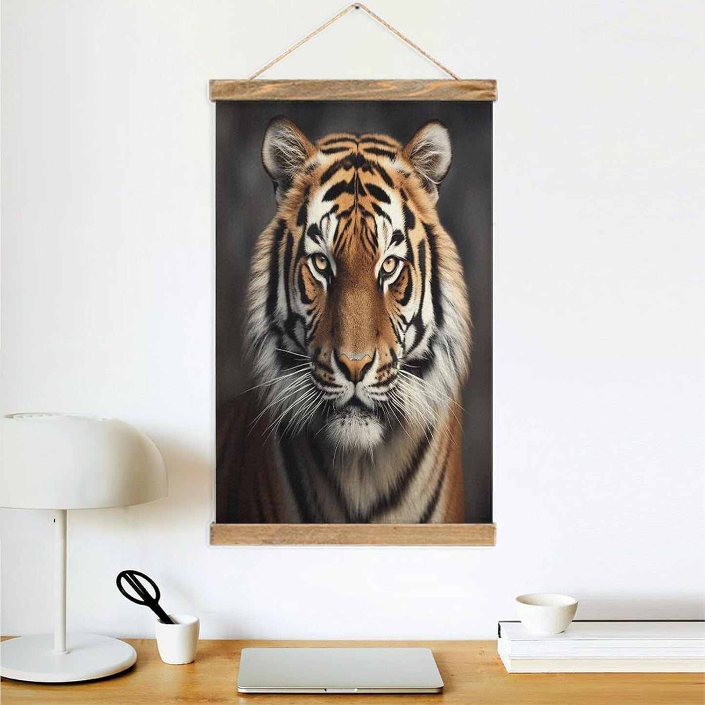 Vintage Tiger Poster with Wooden Frame Personalized Linen Hanging Scroll Painting Rustic Wall Hanging Illustrative Modern Artwork Decor for Home Living Room Bedroom Office