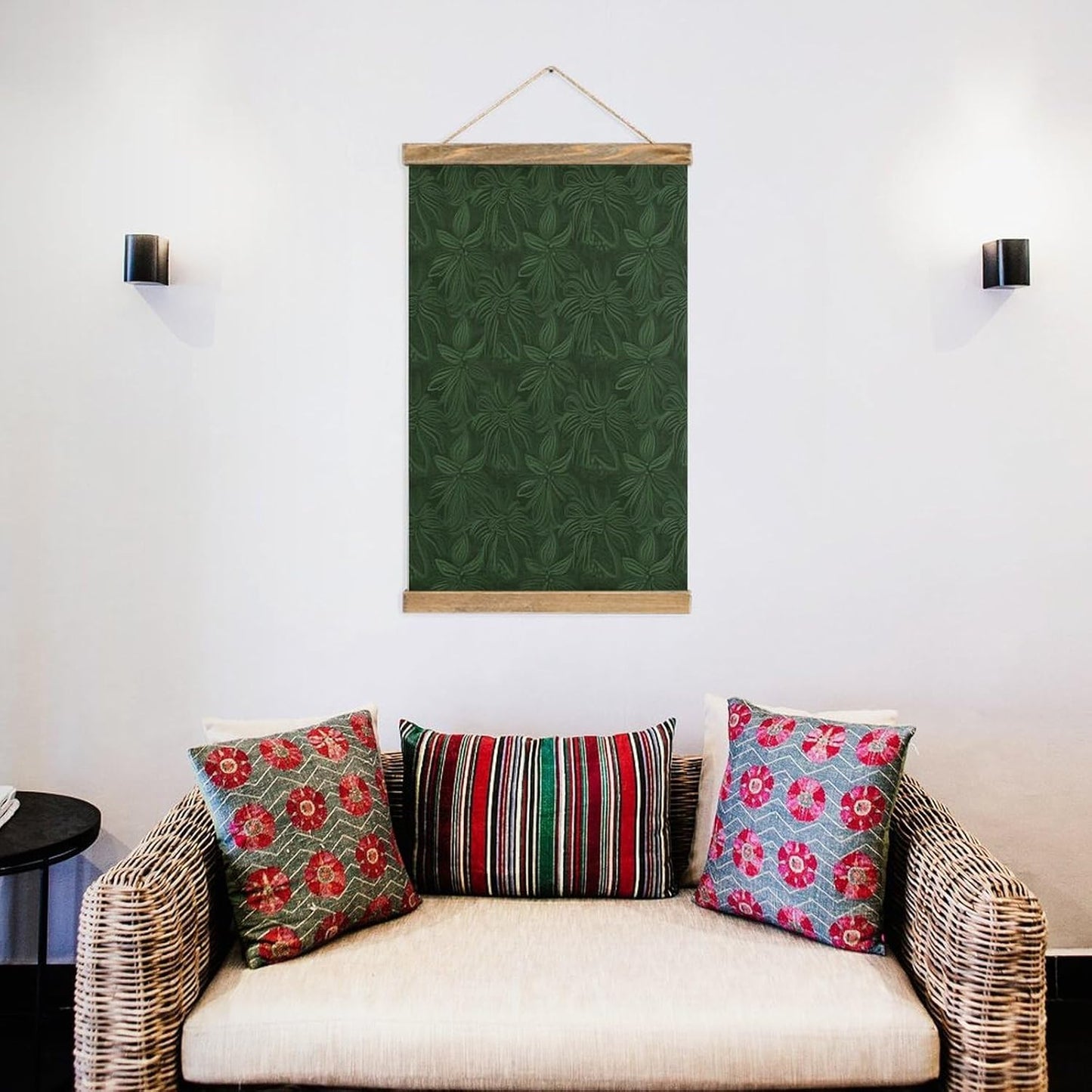 Vintage Hunter Green Floral Petals Pattern Poster with Wooden Frame Personalized Linen Hanging Scroll Painting Rustic Wall Hanging Illustrative Modern Artwork Decor for Home Living Room Bedroom Office