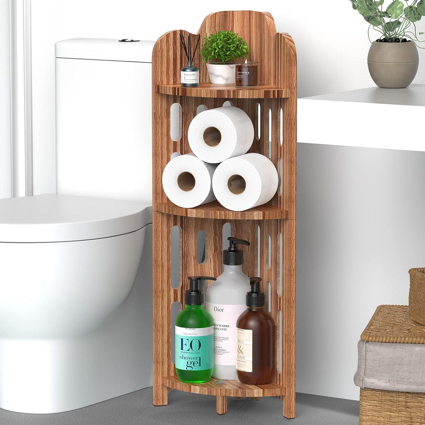 Meangood Bathroom Corner Shelf Stand, 3 Tier Pine Wood Display Shelf for Narrow Space, Shower Corner Shelf, Plant Stand Nightstand, for Living Room, Bedroom, Home Office, Elegant