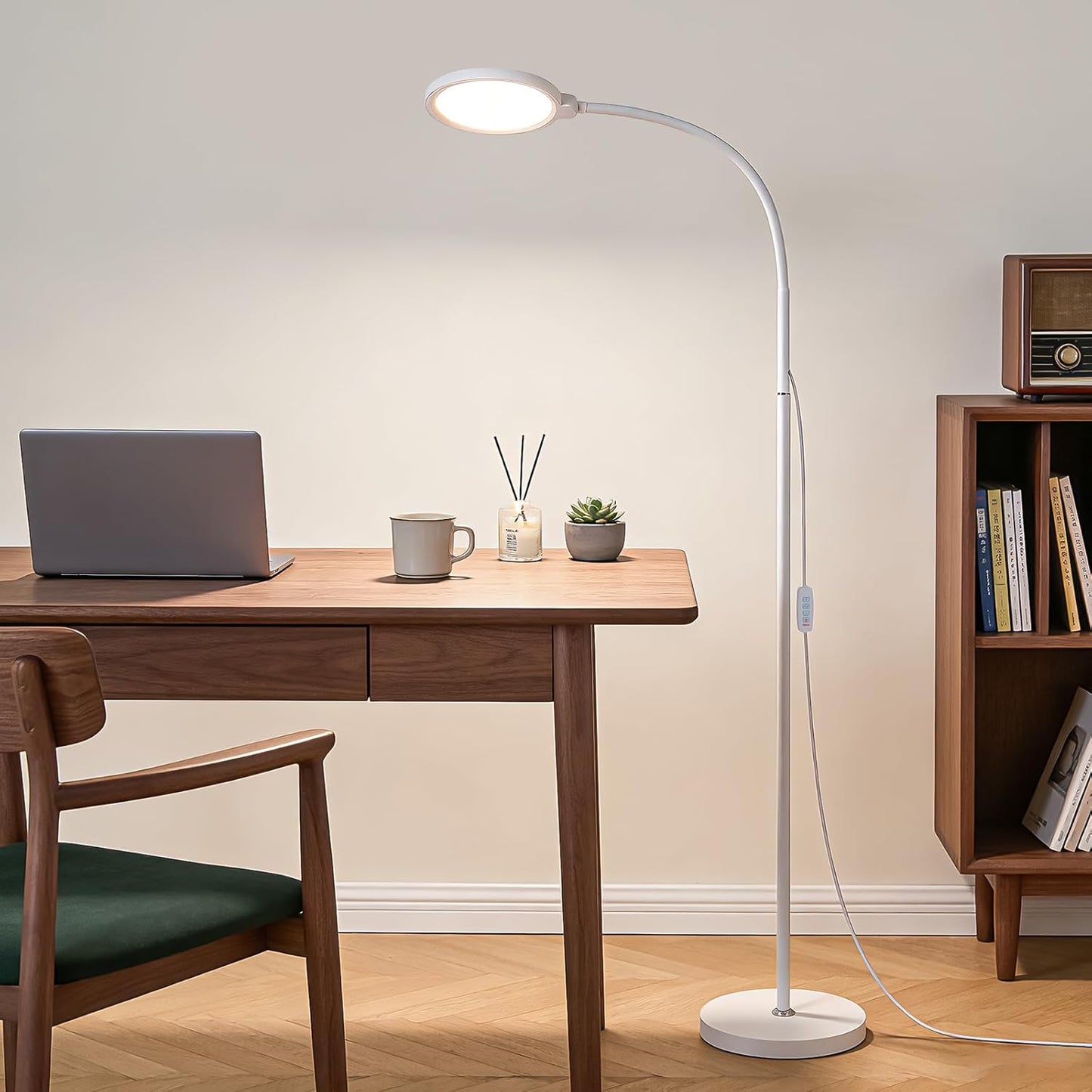 White Modern Bright LED Floor Lamp Adjustable Gooseneck Standing Lamp with Dimmer & Color Temperature, for Living Room,Kids Bedroom,Office, Nursery Library Desk Reading Light, Eyelash Makeup light