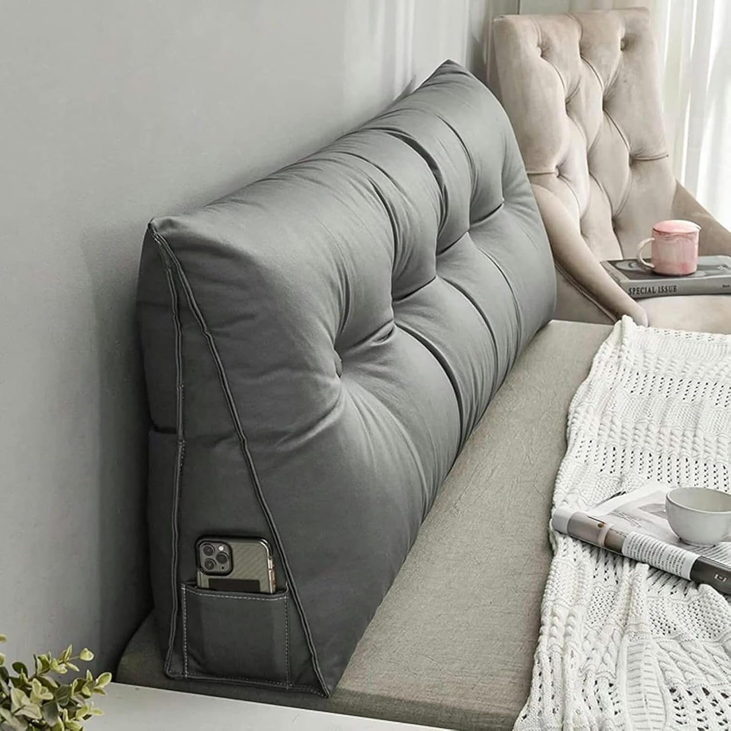 Dustproof Bed Rest Reading Wedge Headboard Backrest Tufted Pillow with Large Side Pockets, Breathable Triangular Headboard Wedge Pillow Triangular Wedge Pillow Soft Headboard