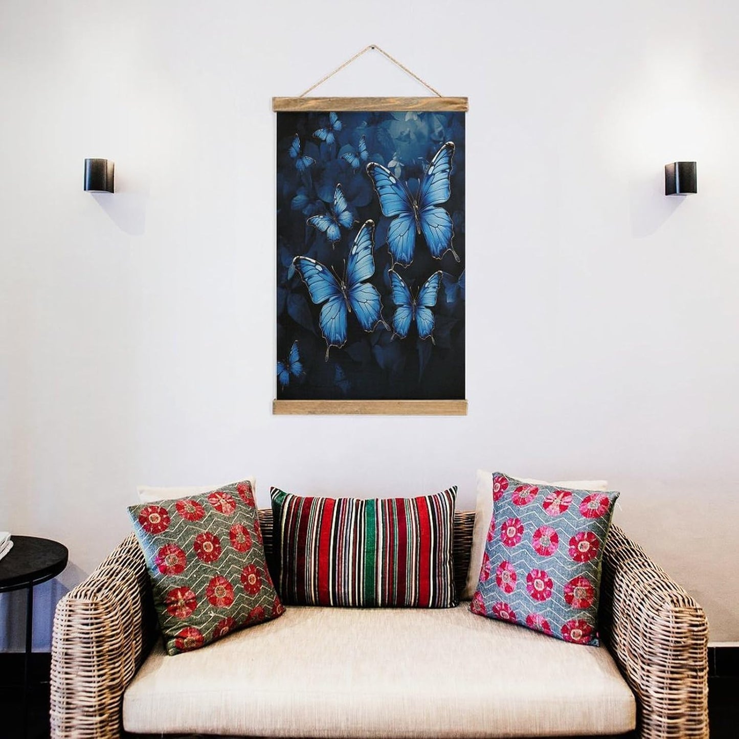 Vintage Dark Blue Butterflies Poster with Wooden Frame Personalized Linen Hanging Scroll Painting Rustic Wall Hanging Illustrative Modern Artwork Decor for Home Living Room Bedroom Office