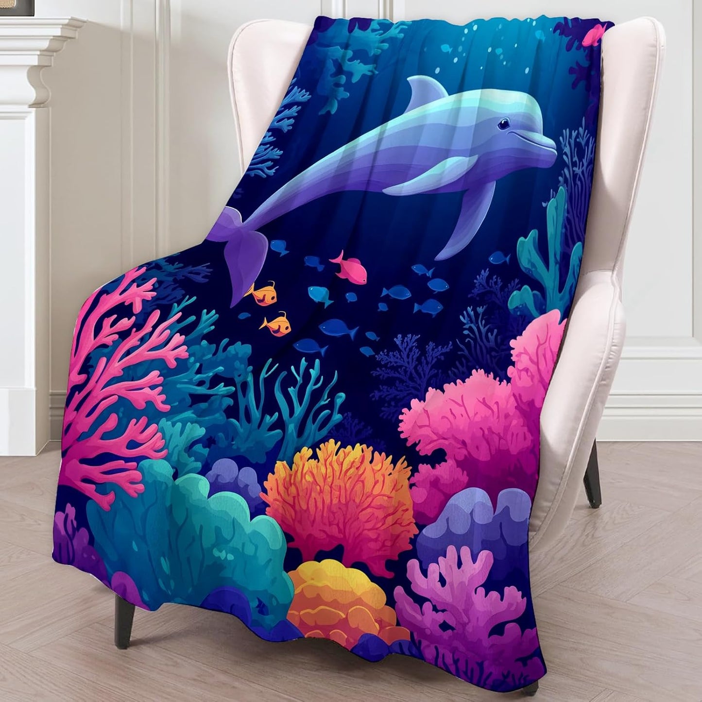 Aesthetic Undersea Dolphin Flannel Blanket - Ultra Cozy, Lightweight Plush Throw for Couch, Bed, Travel, and Office - Warm, Adorable Animal Design Blanket, Ideal Gift for Adults - 50×60 inches