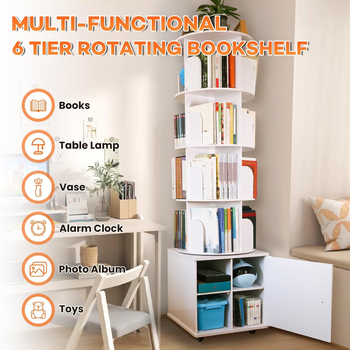 6 Tier Rotating Bookshelf Spinning Bookshelf Tower 360° Revolving Bookcase with Storage Cabinet Corner Organizer Storage Round Carousel with Wheels, White