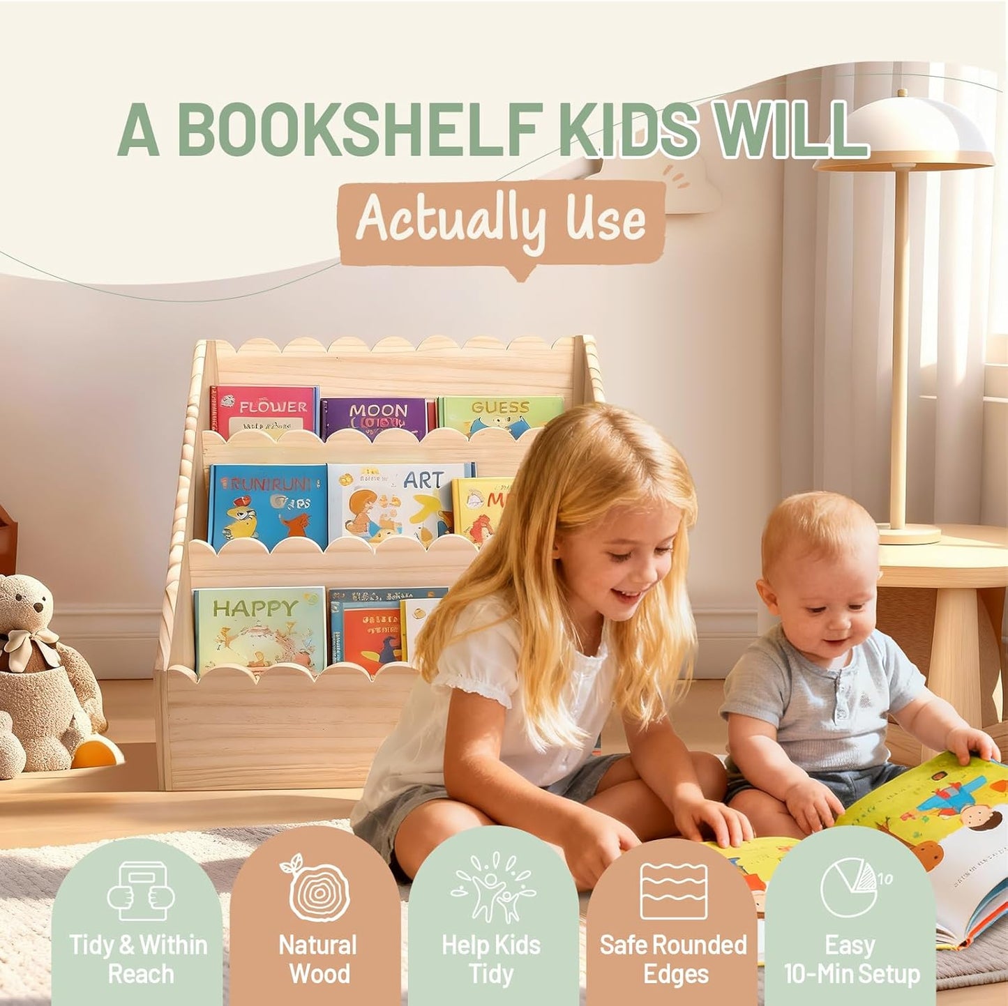 Scalloped Kids Book Shelf, Montessori 3-Tier Wooden Toddler Bookshelf for Ages 1–5, Nursery & Kids Room Bookshelf, Safe & Sturdy Playroom Book Shelf, Natural Wood