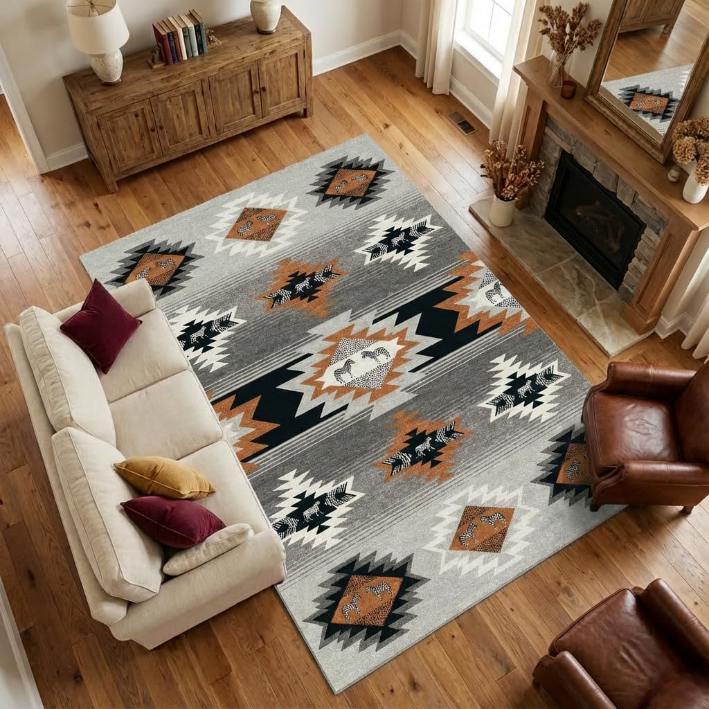 5x7 Area Rugs for Living Room: Gradient Gray & Terracotta Tribal Southwestern Zebra Geometric Area Rug Washable Non-Slip Backing for Living Room Bedroom Leisure Area Decor