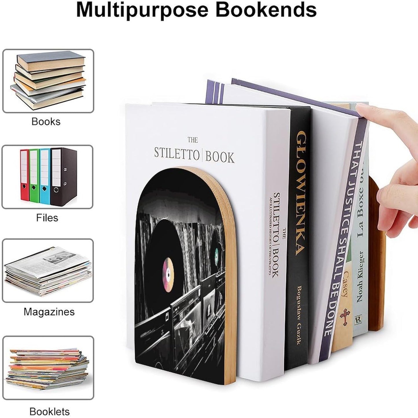 Vinyl Records Bookend for Shelves Wooden Book End Large Size Sturdy Book Holders Stoppers with Metal Base for Bookshelves Slick Decorative Bookends Stands