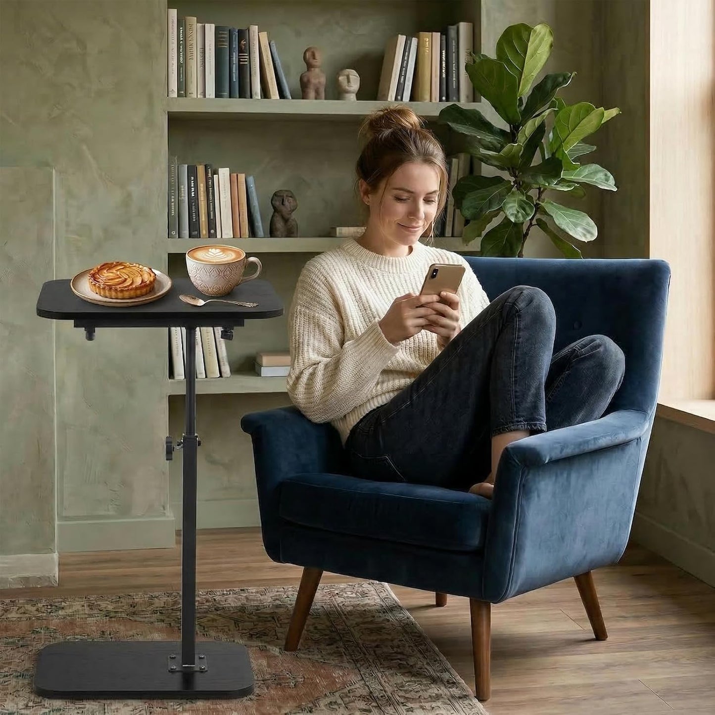 Sofa Arm Tray Table Angle Adjustable 360°Swivel Height Adjustable End Table Laptop Stand for Couch Recliner C-Shaped Table for Bed Chair or TV Tray Table Black