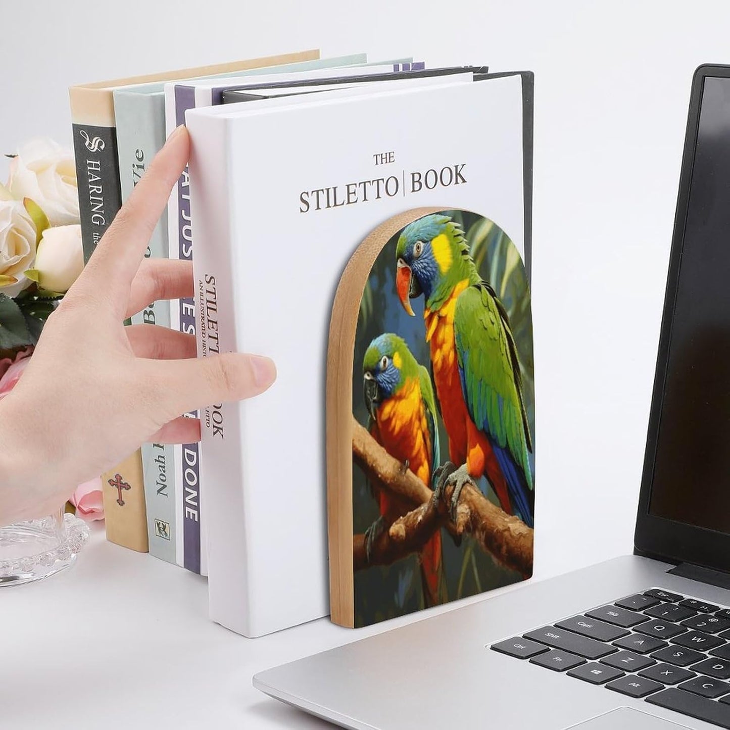 Bird Parrot Painting Bookend for Shelves Wooden Book End Large Size Sturdy Book Holders Stoppers with Metal Base for Bookshelves Slick Decorative Bookends Stands