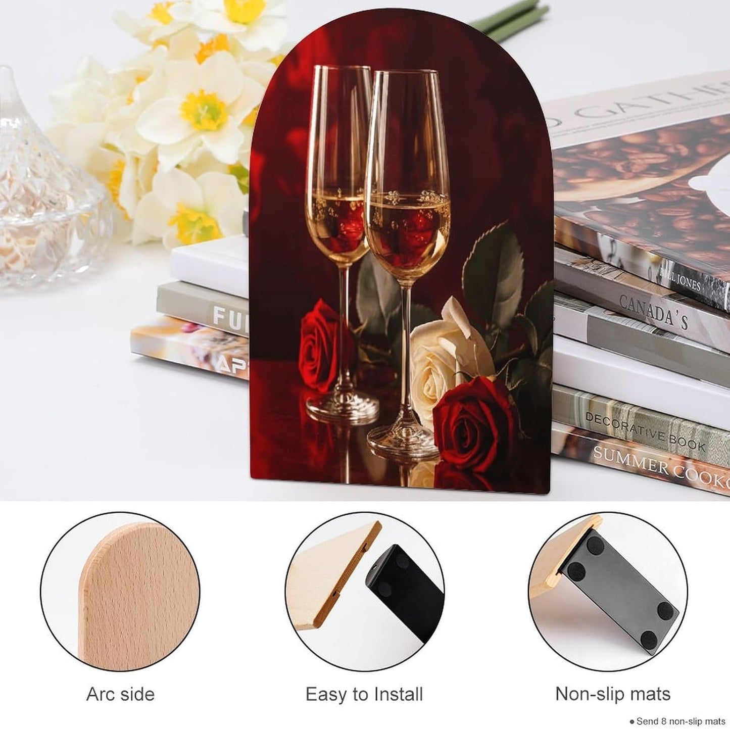 Two Glasses of White Wine Bookend for Shelves Wooden Book End Large Size Sturdy Book Holders Stoppers with Metal Base for Bookshelves Slick Decorative Bookends Stands