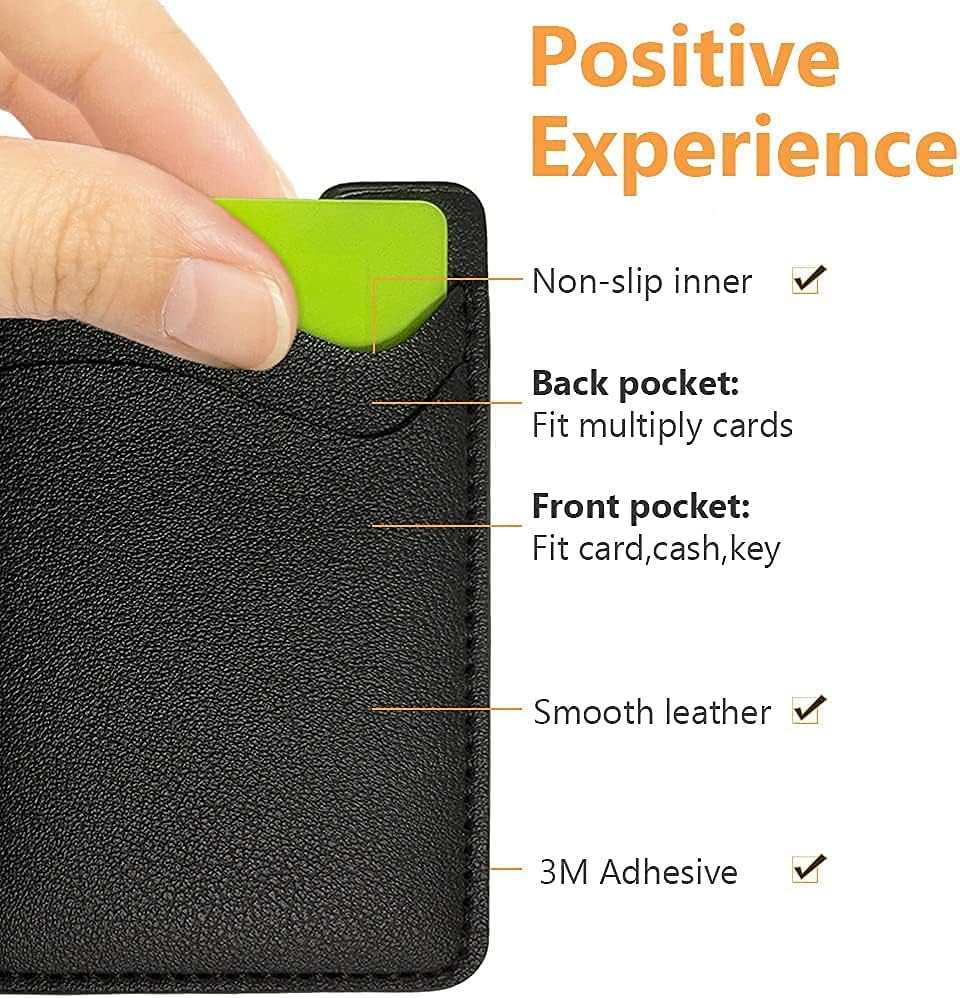 Leather Phone Wallet, Stick On Card Holder for Back of Phone Case - Compatible with Most Cell Phones (iPhone, Samsung) - 2Pack Black