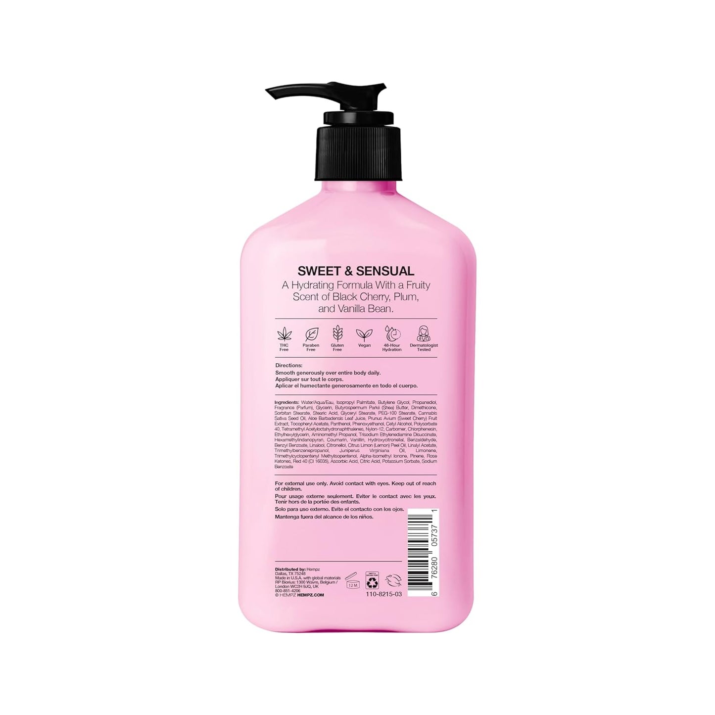 Hempz Cherry Body Lotion, Ultra Hydrating Daily Moisturizer, Self Care for Dry Skin and Hands, Dark Red Cherries, 17 oz.