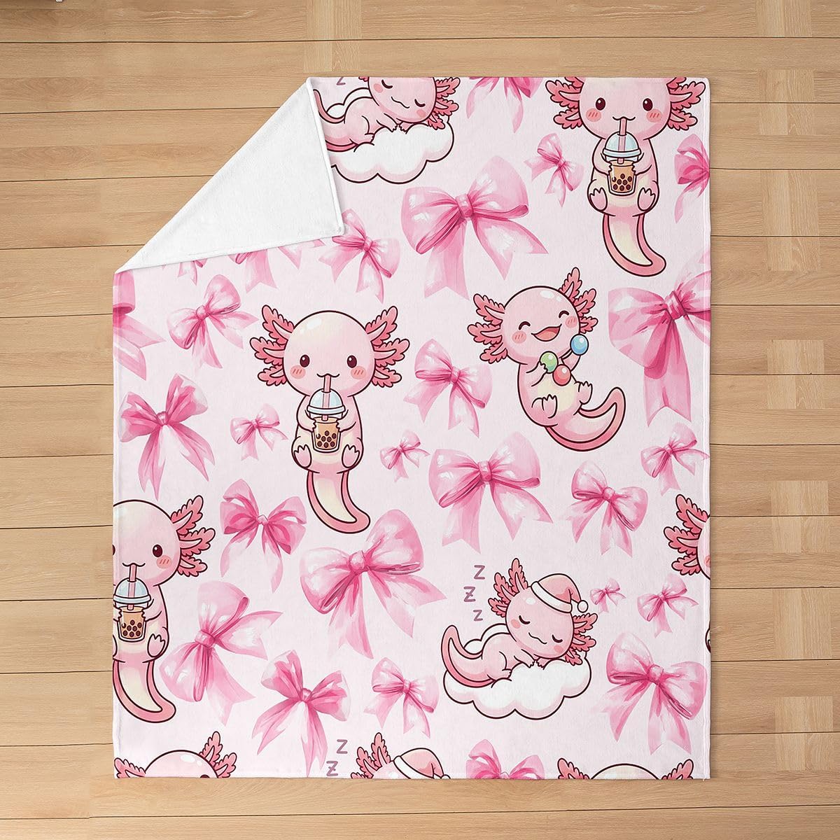 Feelyou Axolotl Flannel Blanket Plush Fuzzy Ribbon Bow Fleece Throw Blanket for Boys Girls Cute Kawaii Aesthetic Plush Lightweight Sofa Throw Salamander Throw 50"x60" for Bed Couch Chair
