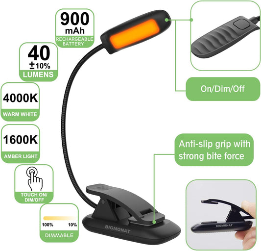 BIGMONAT Led Book Reading Light, Rechargeable Amber Book Night Light, Portable Bendable Neck, USB, Brightness Adjustable, Reduces Eye Strain, Black