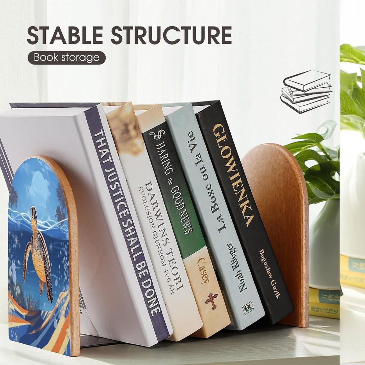 Ocean Turtle on The Beach Bookend for Shelves Wooden Book End Large Size Sturdy Book Holders Stoppers with Metal Base for Bookshelves Slick Decorative Bookends Stands