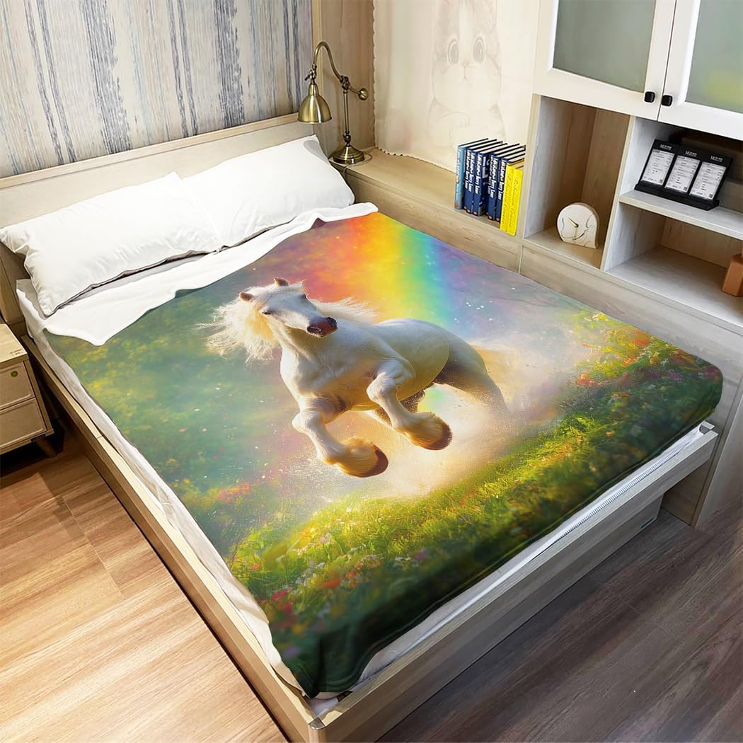 Soft Cozy Fleece Throw Blanket for Couch,Premium Fluffy Microfiber,Dreamy Grassland Rainbow White Horse Animal,50X60 Inches