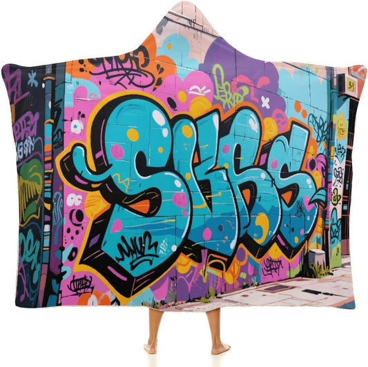 Street Graffiti Wearable Hoodie Blanket for Women Men Fleece Blanket with Hood Oversized Warm Cozy Gifts