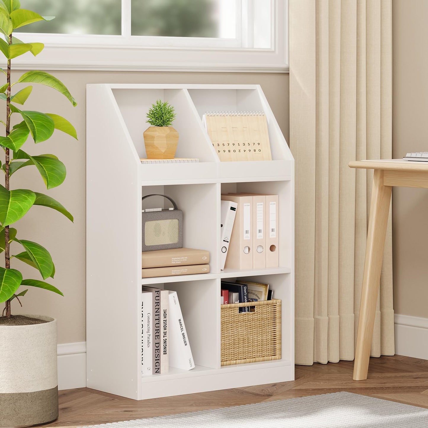 6-Cube Wooden Storage Bookcase - 11-Inch Open Shelf Cabinet, Simple Modern Bookshelf Organizer for Home Office, Living Room, White