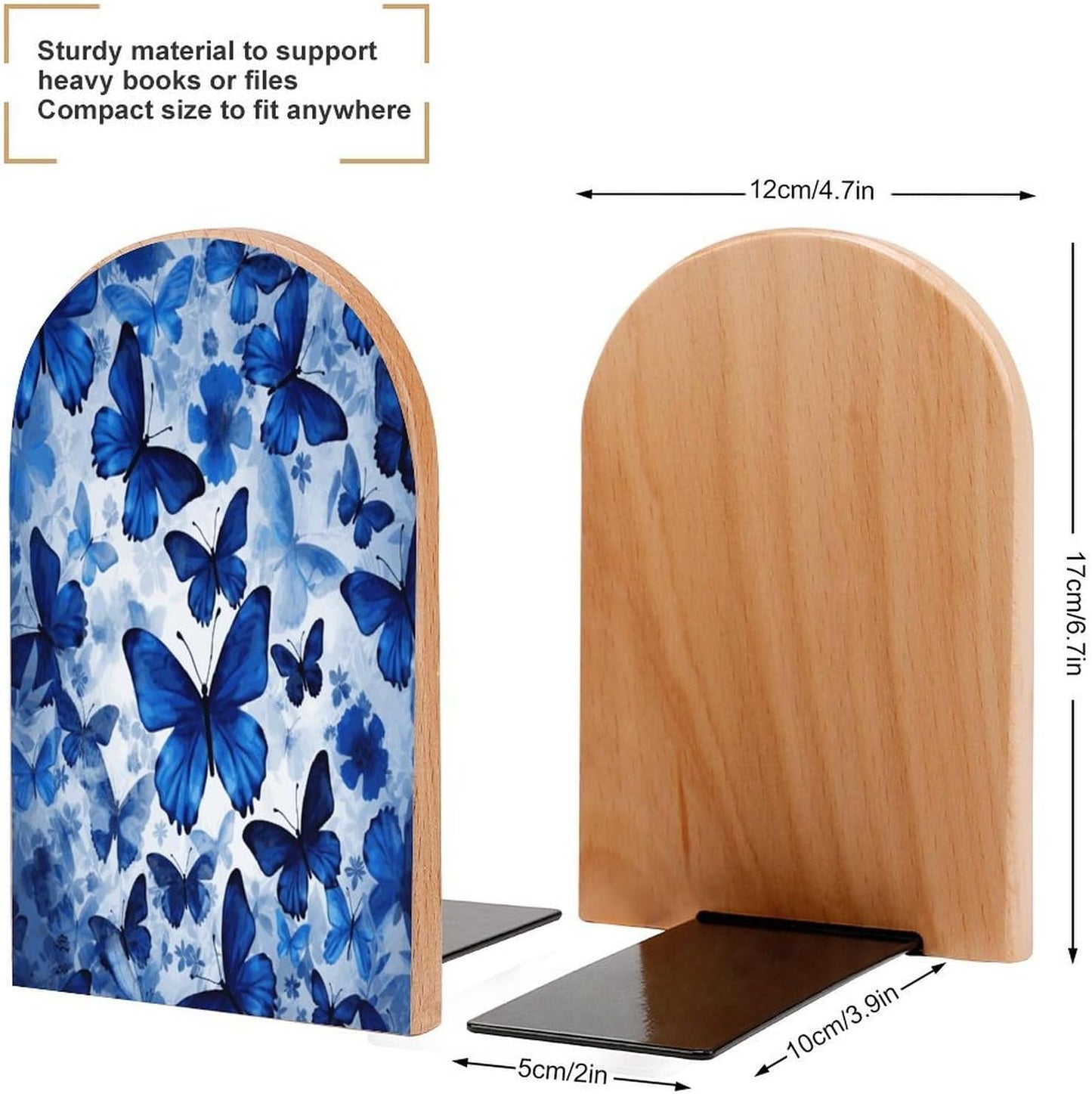 Blue Butterflies Bookend for Shelves Wooden Book End Large Size Sturdy Book Holders Stoppers with Metal Base for Bookshelves Slick Decorative Bookends Stands