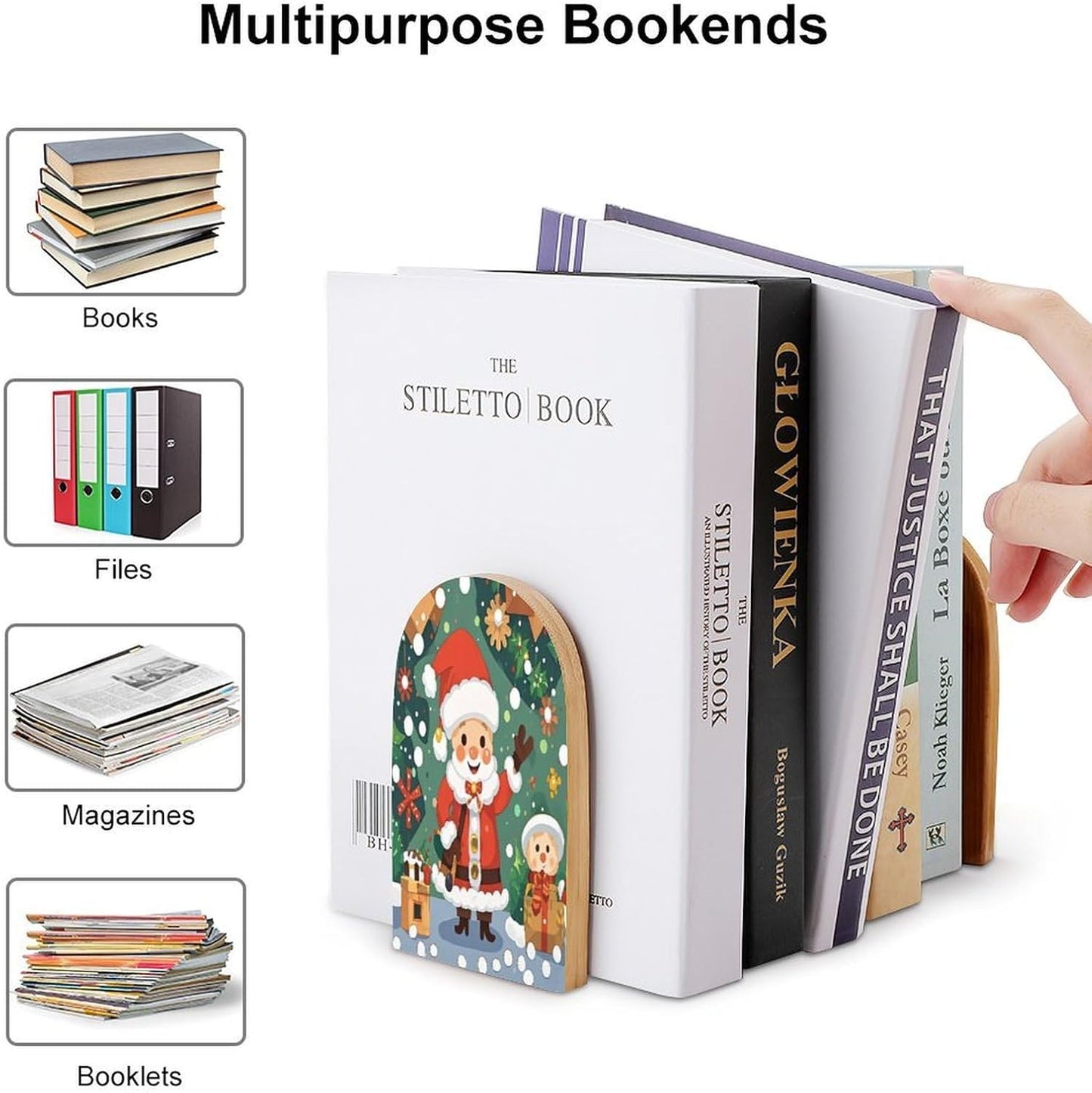 Christmas Spirit Bookends 1 Pair Heavy Duty Book Ends for Shelves Non-Skid Bookend Supports Wooden Book Holders with Metal Base Desk Organizers Books Storage to Hold Books