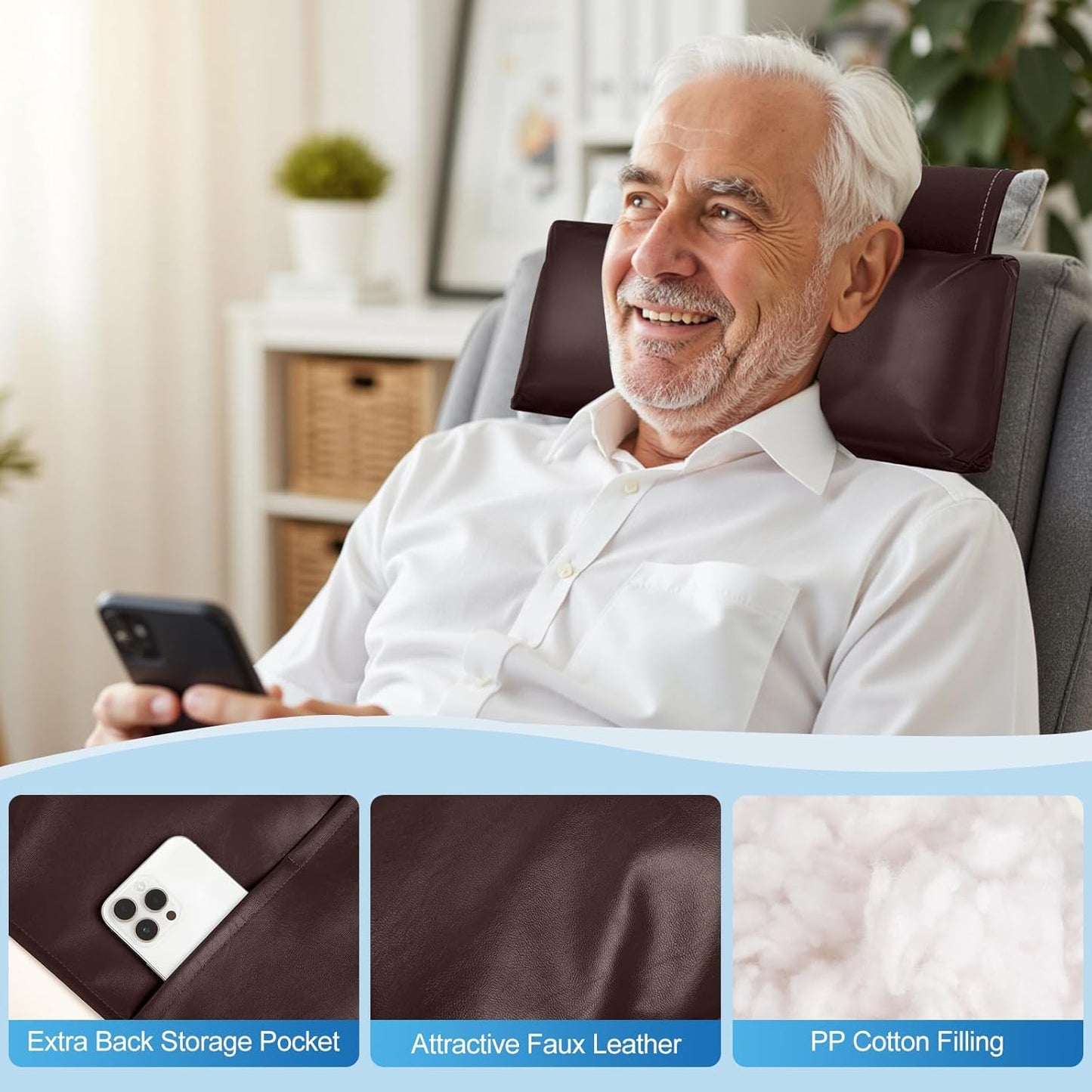 Leather Recliner Pillow, Adjustable Neck & Head Support Pillow, Pu Leather Non-Slip Headrest for Recliner Chair, Couch, Office Chair, Sofa
