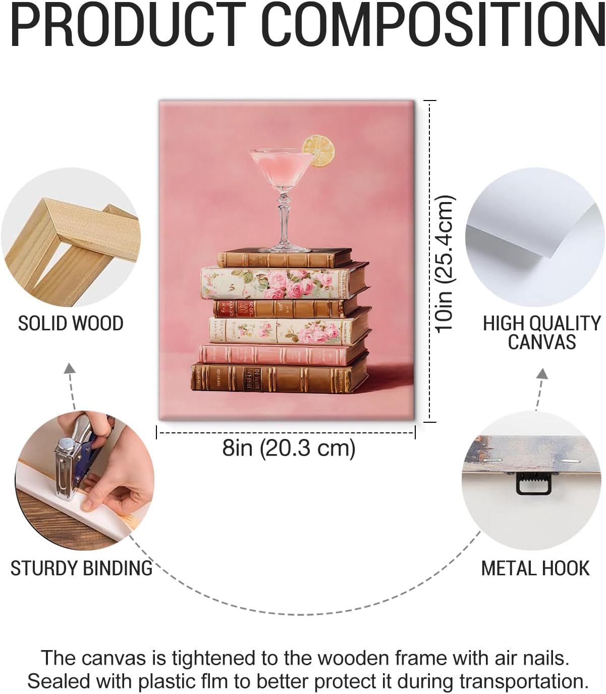 Pink Cocktail Books Wall Art Print - Preppy Stack of Books Canvas Poster Painting - Bookish Girly Wall Decor for Home Reading Nook Dorm 8x10 Inch Framed