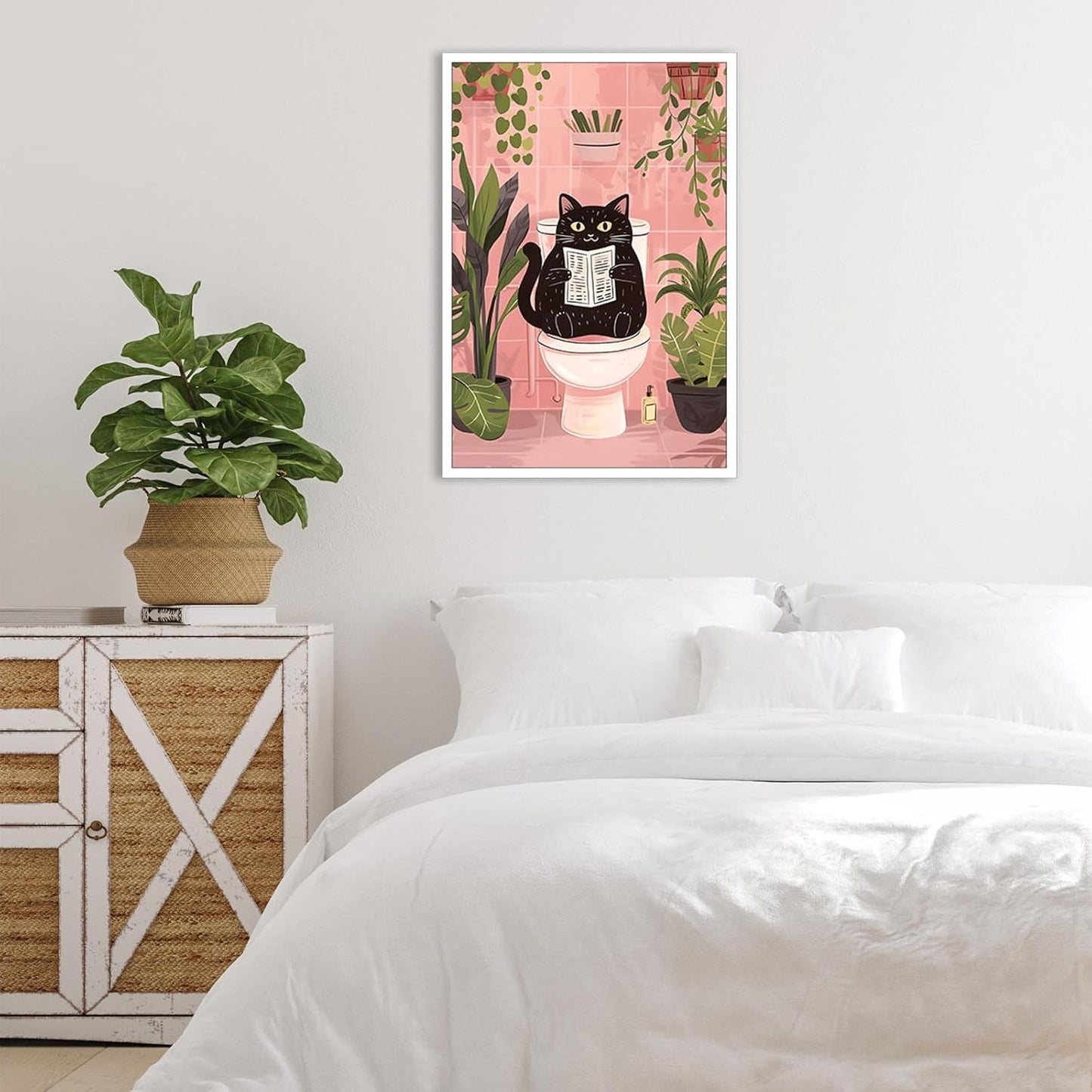 DVBOCS Funny Bathroom Black Cat Posters Cute Pets Cat Reading Newspaper On The Toilet Wall Art Print Vintage Cute Humorous Animal Plants Poster For Bathroom Toilet Decor 12x16in Unframed