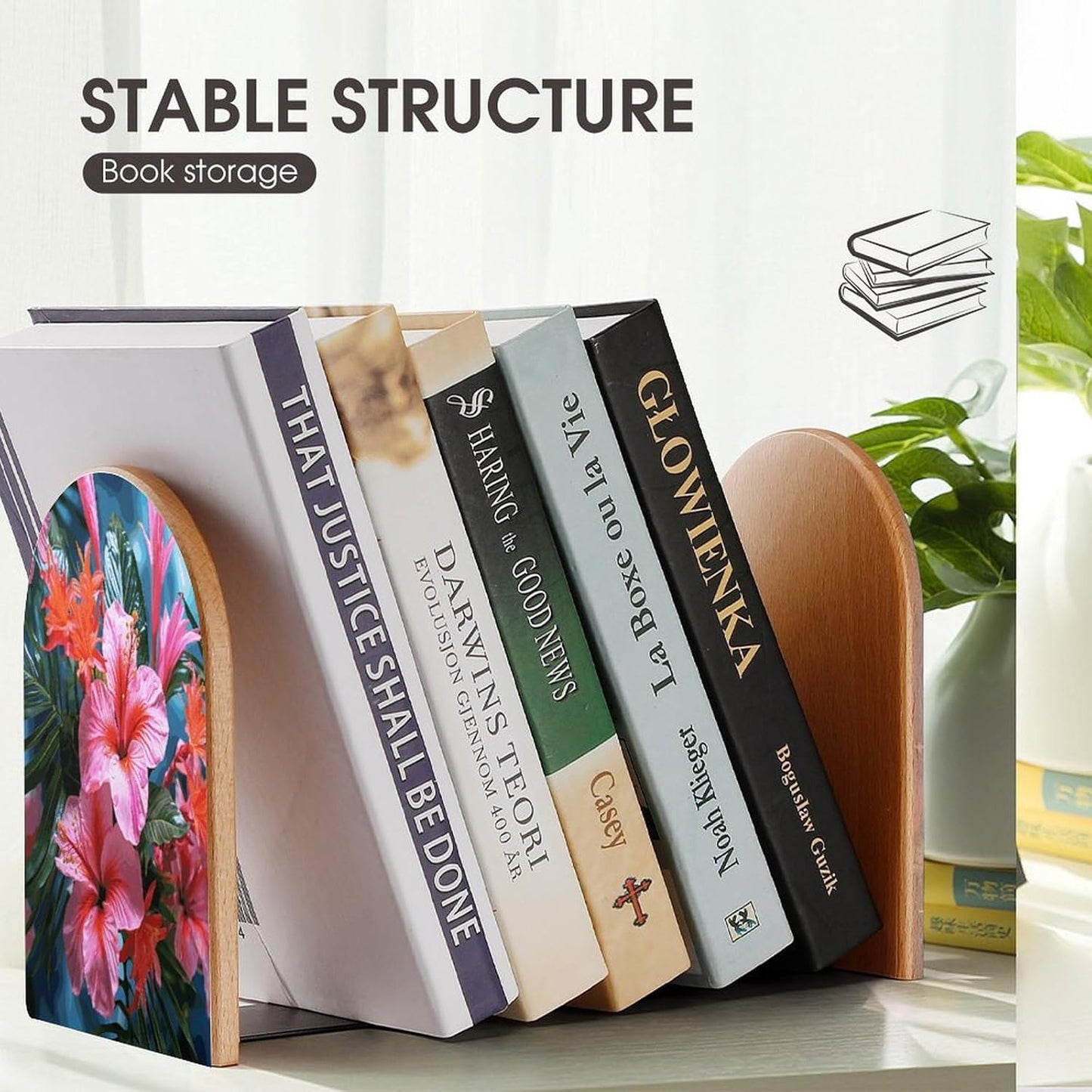 Pink Flower Tropical Plant Bookend for Shelves Wooden Book End Large Size Sturdy Book Holders Stoppers with Metal Base for Bookshelves Slick Decorative Bookends Stands