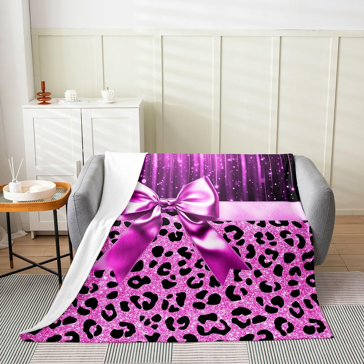 Feelyou Pink Purple Leopard Fleece Throw Blanket Cute Bow Flannel Blanket Plush Fuzzy Sweet Animal Pattern for Bed Couch Chair Living Room Coquette Aesthetic Queen 90"x90" Bedroom Decor