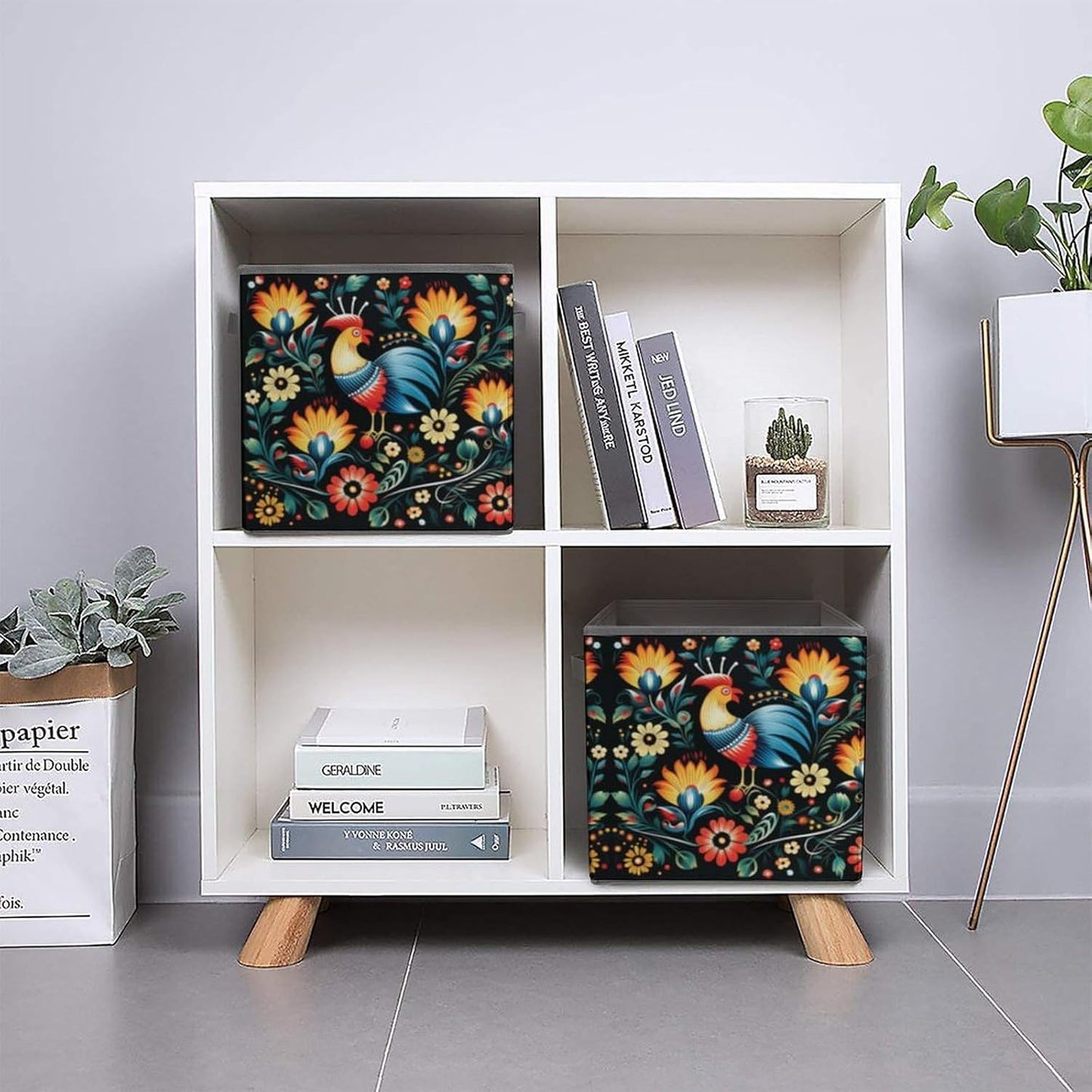 Polish Folk Art Pattern Storage Bins with Handles Fashion Large Storage Cubes Sturdy Foldable Storage Boxes Space-Saving Storage Baskets for Home Office Clothes Closet Organizers
