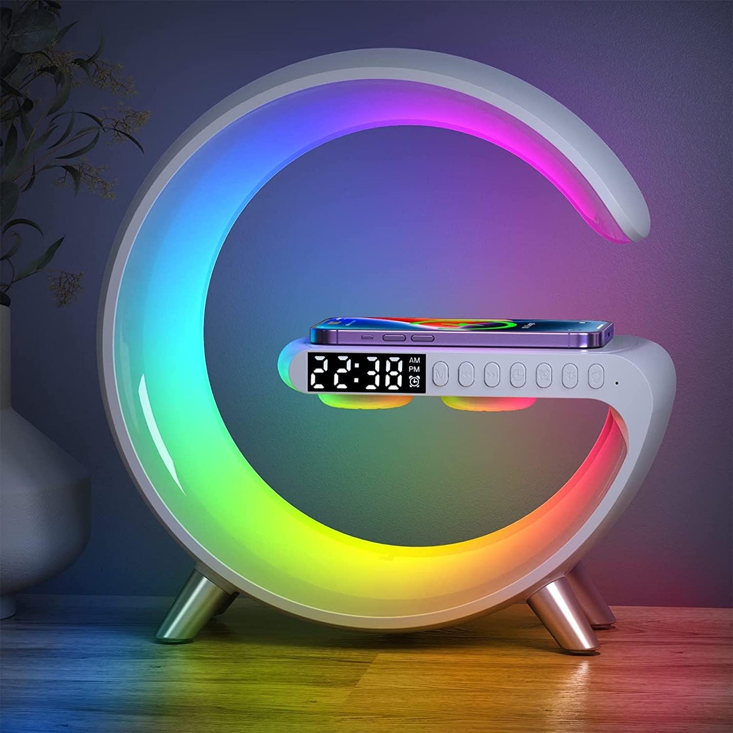 DEECOZY Multi Functional Wireless Charger Atmosphere Lamp, Intelligent Bluetooth Speaker LED Table Lamp,256 Lights Mode Dimmable Night Light Bedside Lamp Alarm Clock with Music Sync App Control(White)