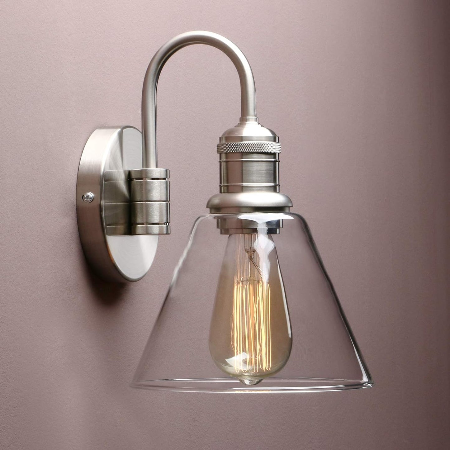 Yosoan 1-Light Brass Modern Vintage Indoor Wall Sconce, Vanity Single Luxury Hardwired Retro Textured Clear Funnel Flared Glass Shade with Industrial Curved Rod Bathroom Lamp(Brushed)
