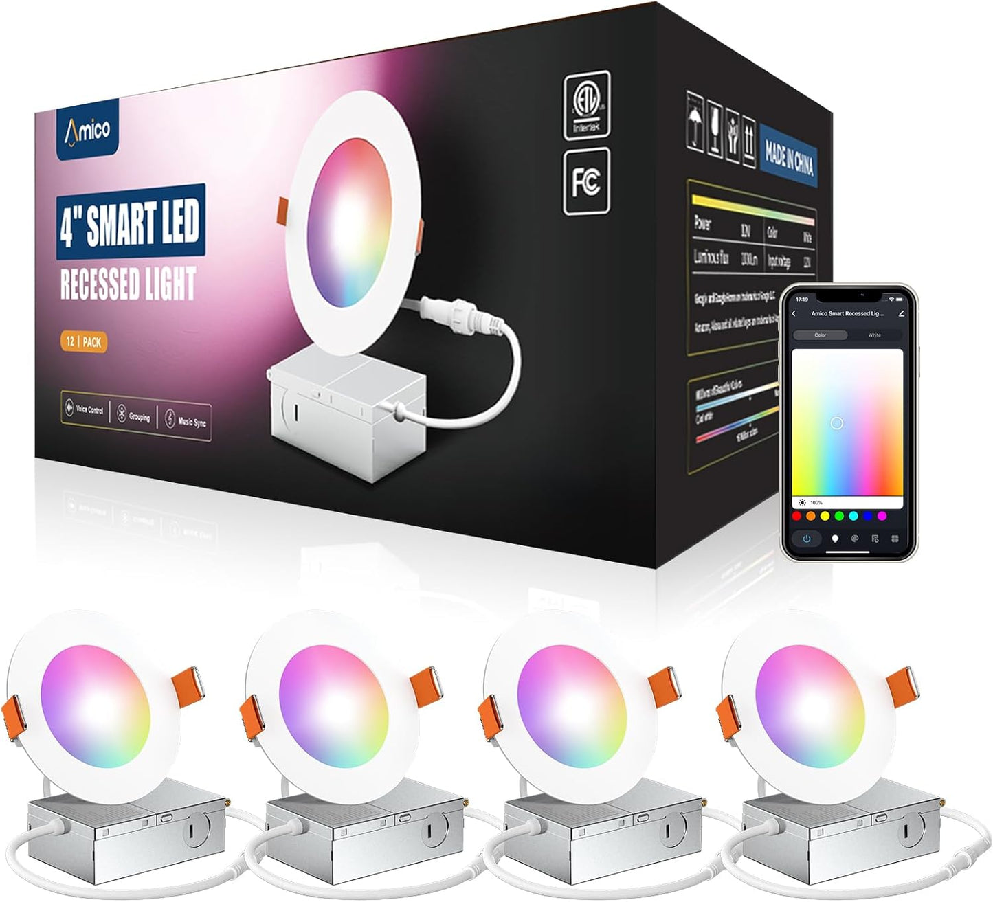 Amico 4 Pack 4 Inch Smart LED Recessed Lighting, WiFi Bluetooth Canless Downlight with Junction Box, RGB & 2700-6500K Color Changing, 10W=70W 800LM, Voice&Remote&Group Control