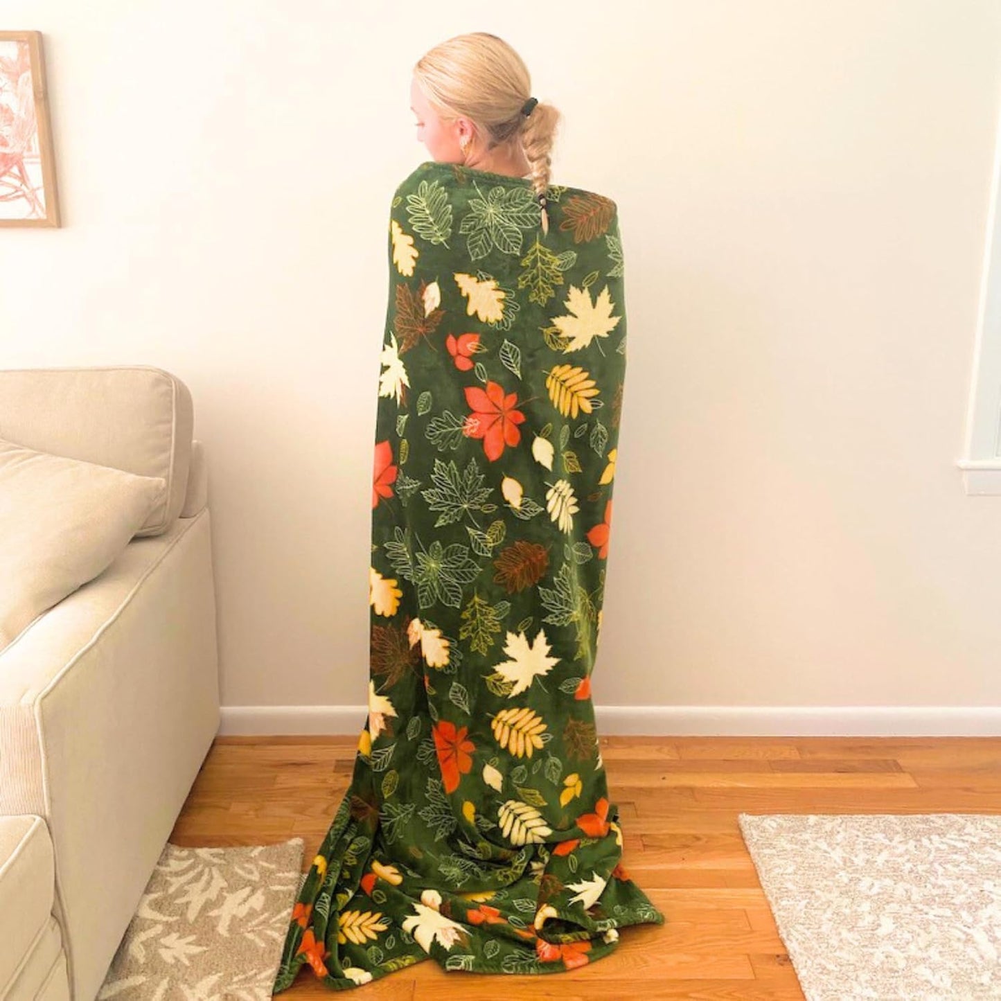 Fall Leaves Throw Blanket: Velvety Soft, Durable Fleece Accent for Bed Chair or Couch, Green Yellow Rust 50 x 70 inches