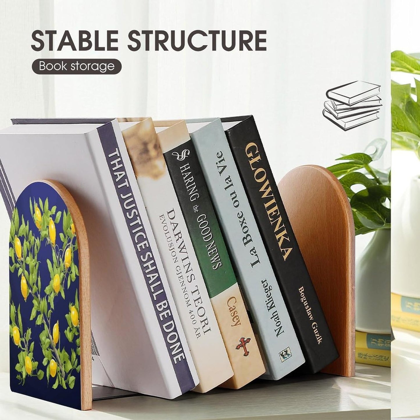 Lemon Tree Bookend for Shelves Wooden Book End Large Size Sturdy Book Holders Stoppers with Metal Base for Bookshelves Slick Decorative Bookends Stands