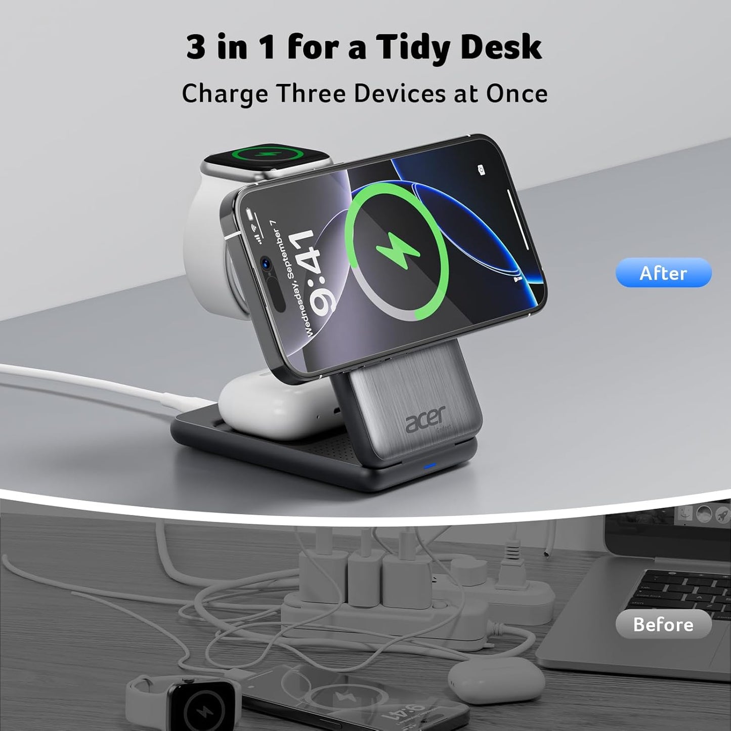 Acer 3 in 1 Charging Station for iPhone, Wireless Charger Stand,15W Fast MagSafe Charger for iPhone 17 16 15 14 13 12 Series-Apple Watch 11 10 9 8 7 6 5 4 3 2 SE and Ultra Series-Airpods 4 3 2 Pro