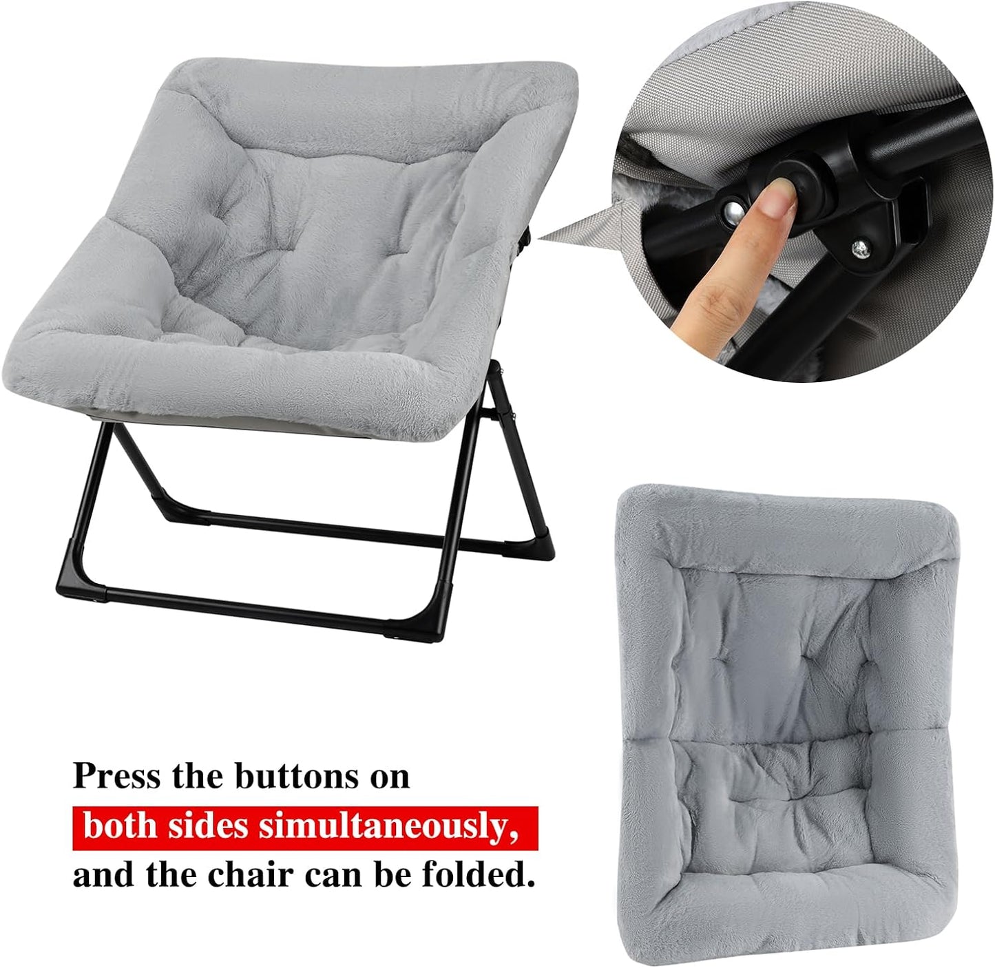 Comfy Saucer Chair for Adults, Soft Faux Fur Bedroom Chair with Ottoman, Accent Dorm Chairs, Living Room Reading Chairs and Footstool, Folding Seat for Teens, X-Large, Grey