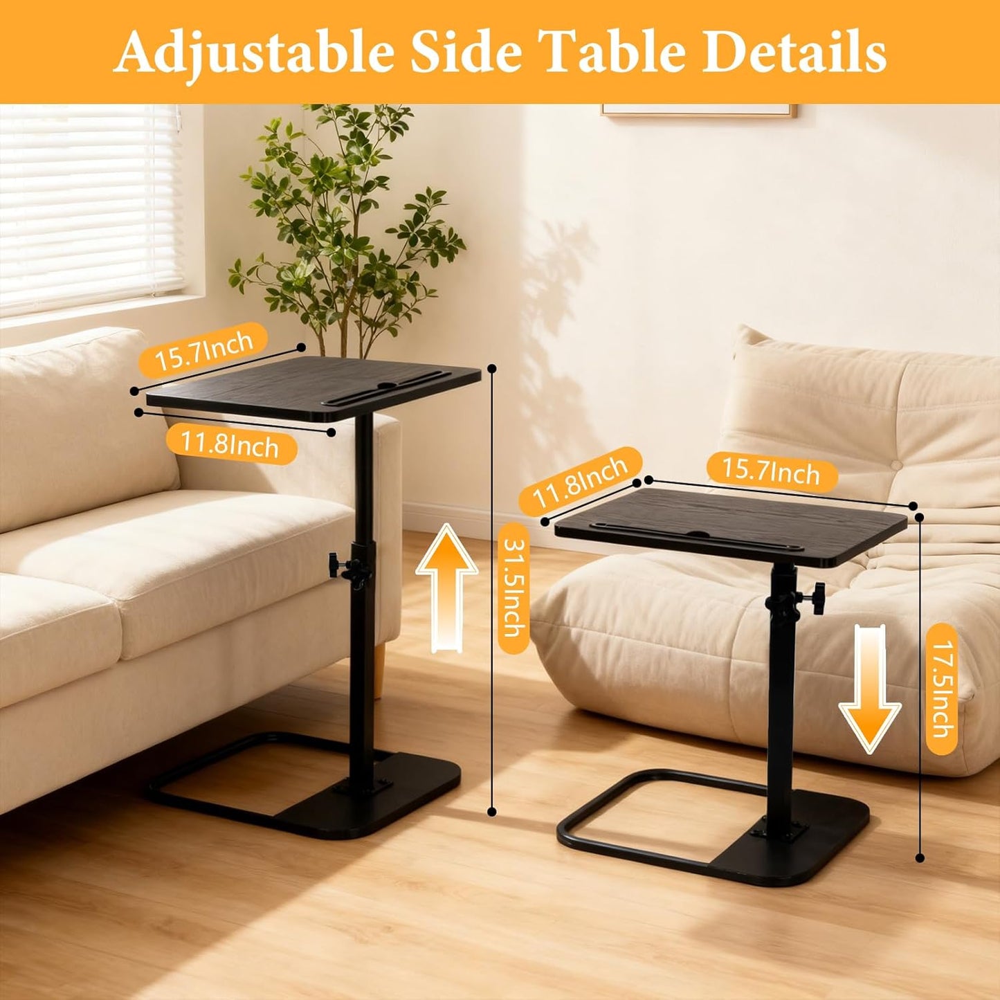 jessie Tv Tray C Table, Adjustable End Table for Couch 360° Swivel C Shaped End Table with Phone Tablet Slot for Living Room, Sofa, Bedside, Bathroom (Black)