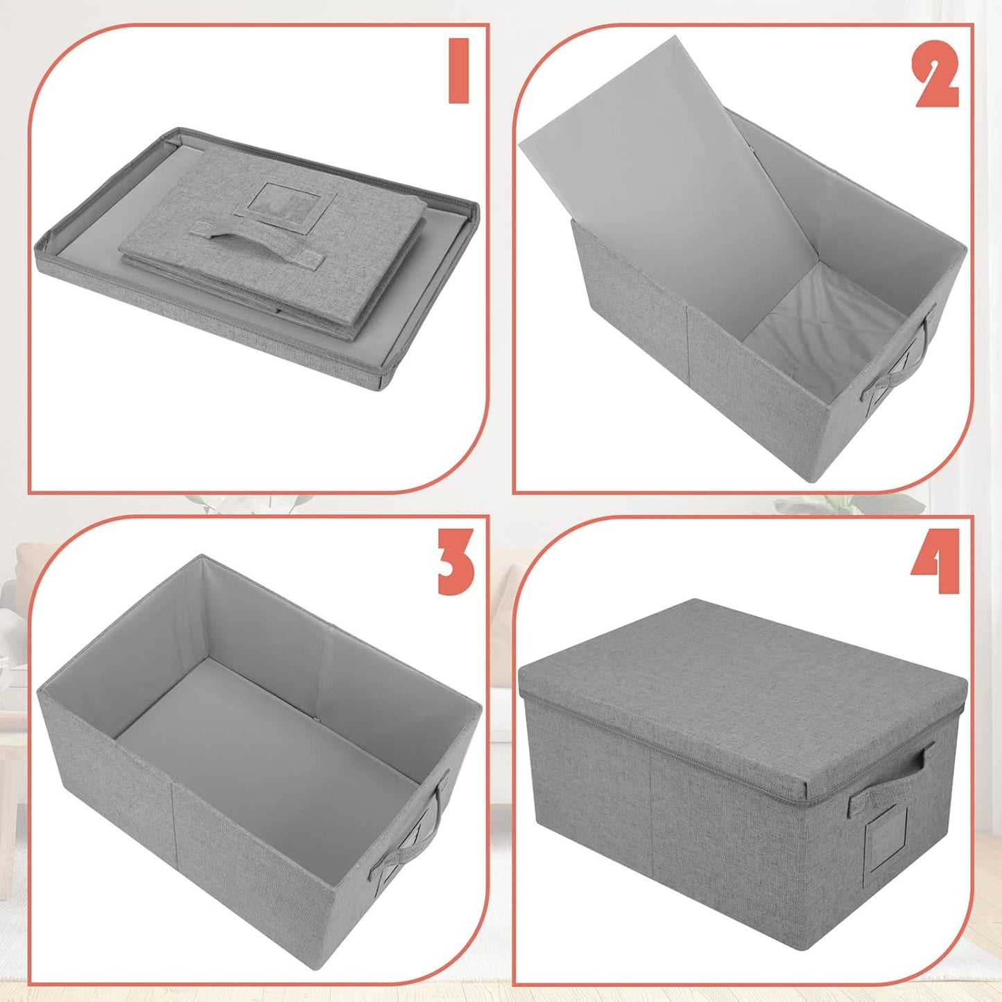 22.8qt Closet Storage Boxes with Lids Gray Folding Keepsake Storage Bins Stackable Flat Lidded Carboard Storage Contaner for Clothes Barbie Shoes, 2 Pack