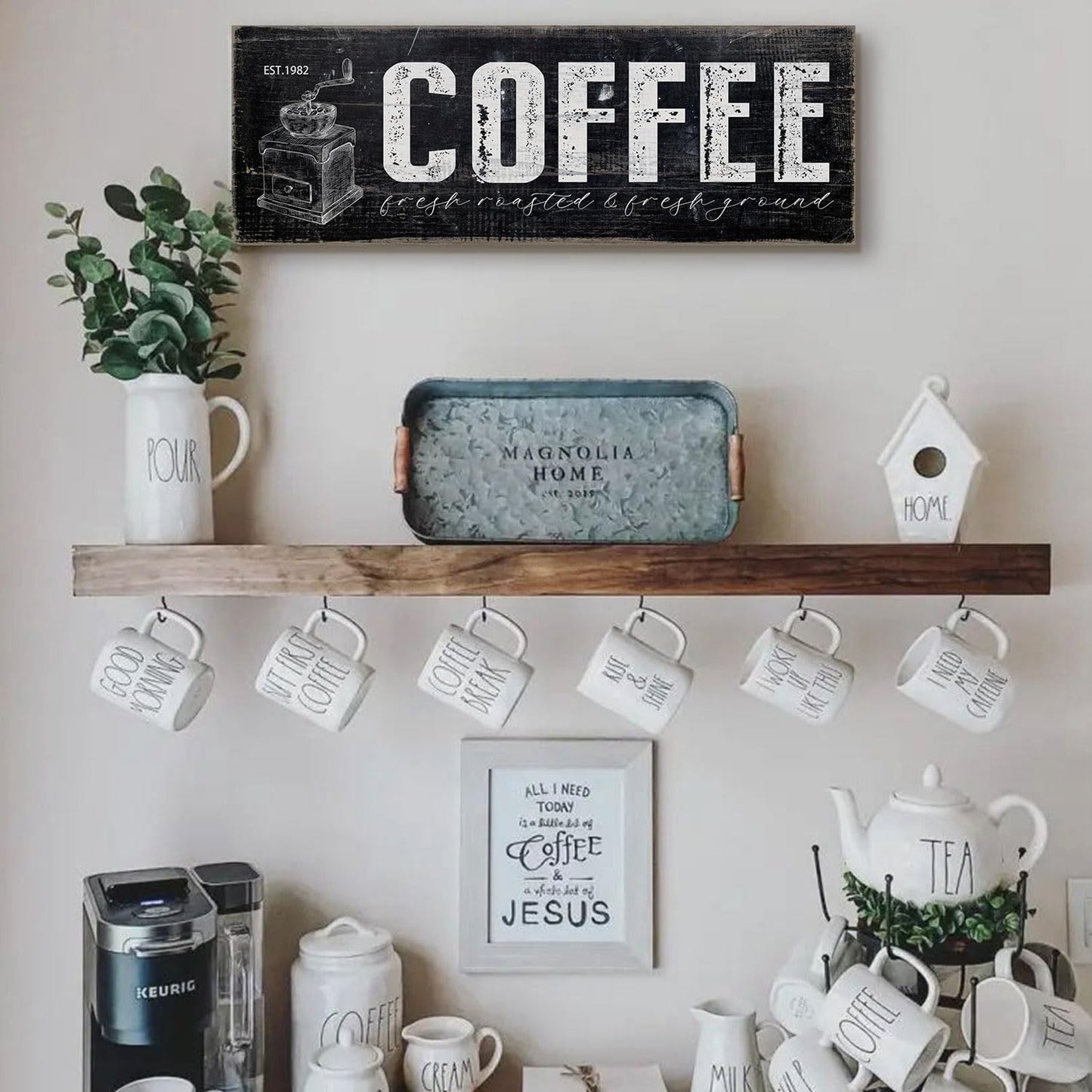 Distressed Coffee Bar Plaque Sign for Kitchen Station Fresh Roasted & Fresh Grind Black and White Canvas Wall Art for Home Cafe Corner Pantry Countertop Decorations 6"x17"