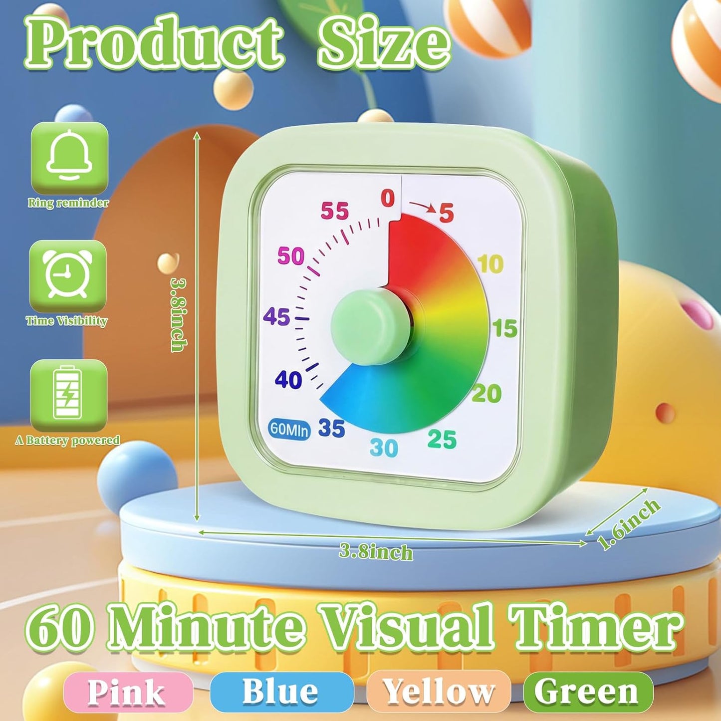 4 Pack Visual Timer 60 Minute Countdown Timer Colored Countdown Clock for Homeschool Supplies Study Tool, Classroom Home Office Time Management Tool(Gradient,Pink, Blue, Yellow, Green)