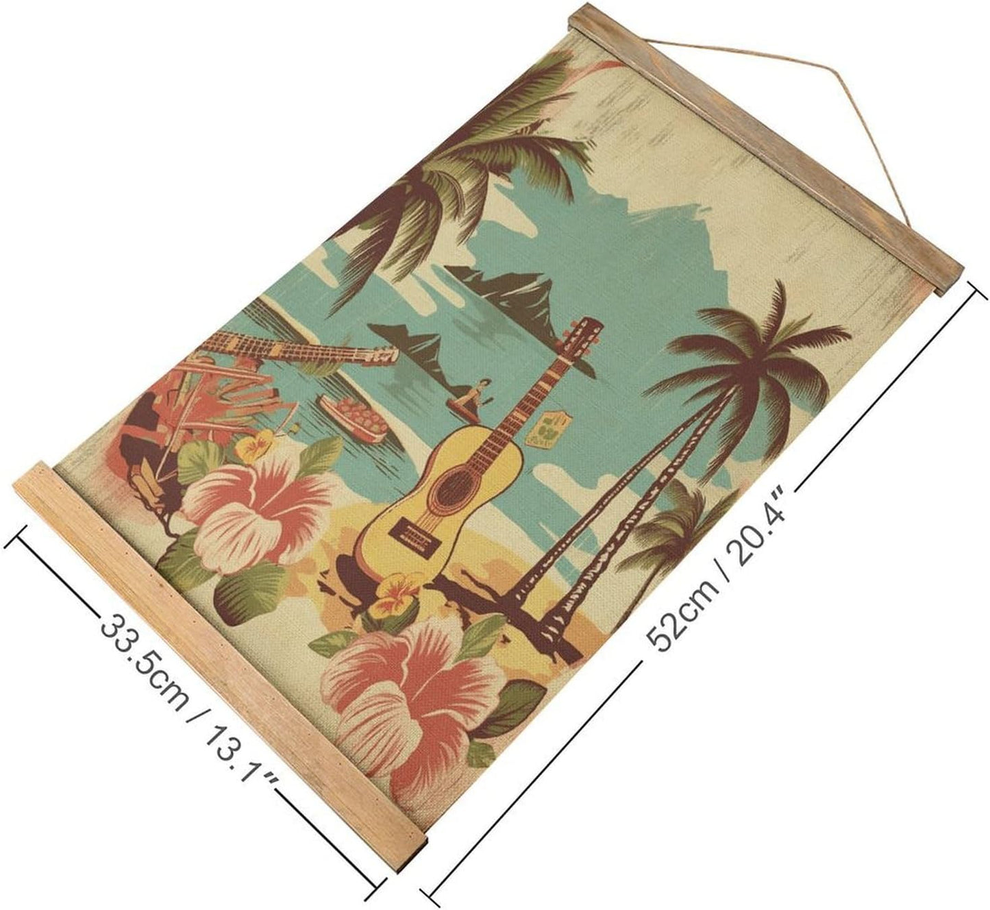 Vintage Vintage Hawaii Poster with Wooden Frame Personalized Linen Hanging Scroll Painting Rustic Wall Hanging Illustrative Modern Artwork Decor for Home Living Room Bedroom Office