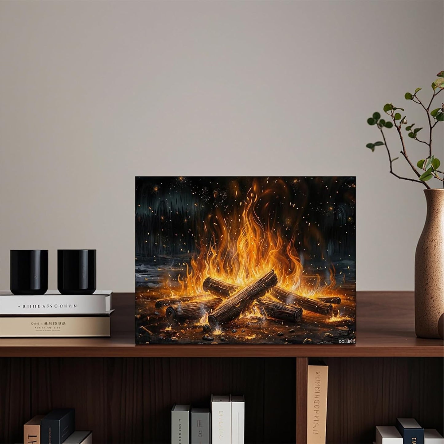 DOLUPID Campfire in The Forest Painted On Wall Art Camping Wall Decor Cabin Wall Art Canvas Art Posters for Room Aesthetic and Picture Living Room Decor 8x10inch 20x25cm with Frame